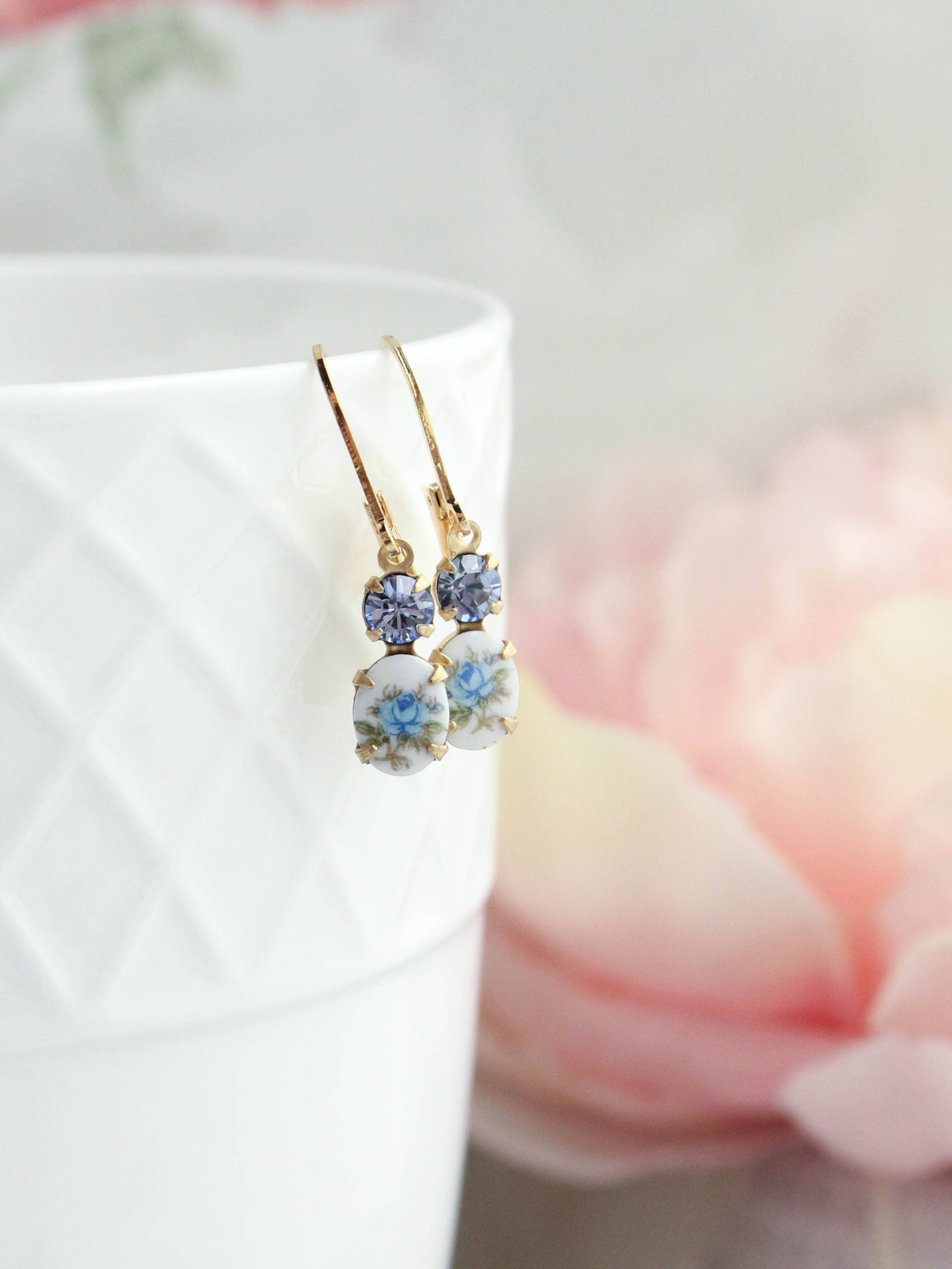 A Pocket of Posies - Little Blue Rose Cameo Earrings - Vintage Glass
