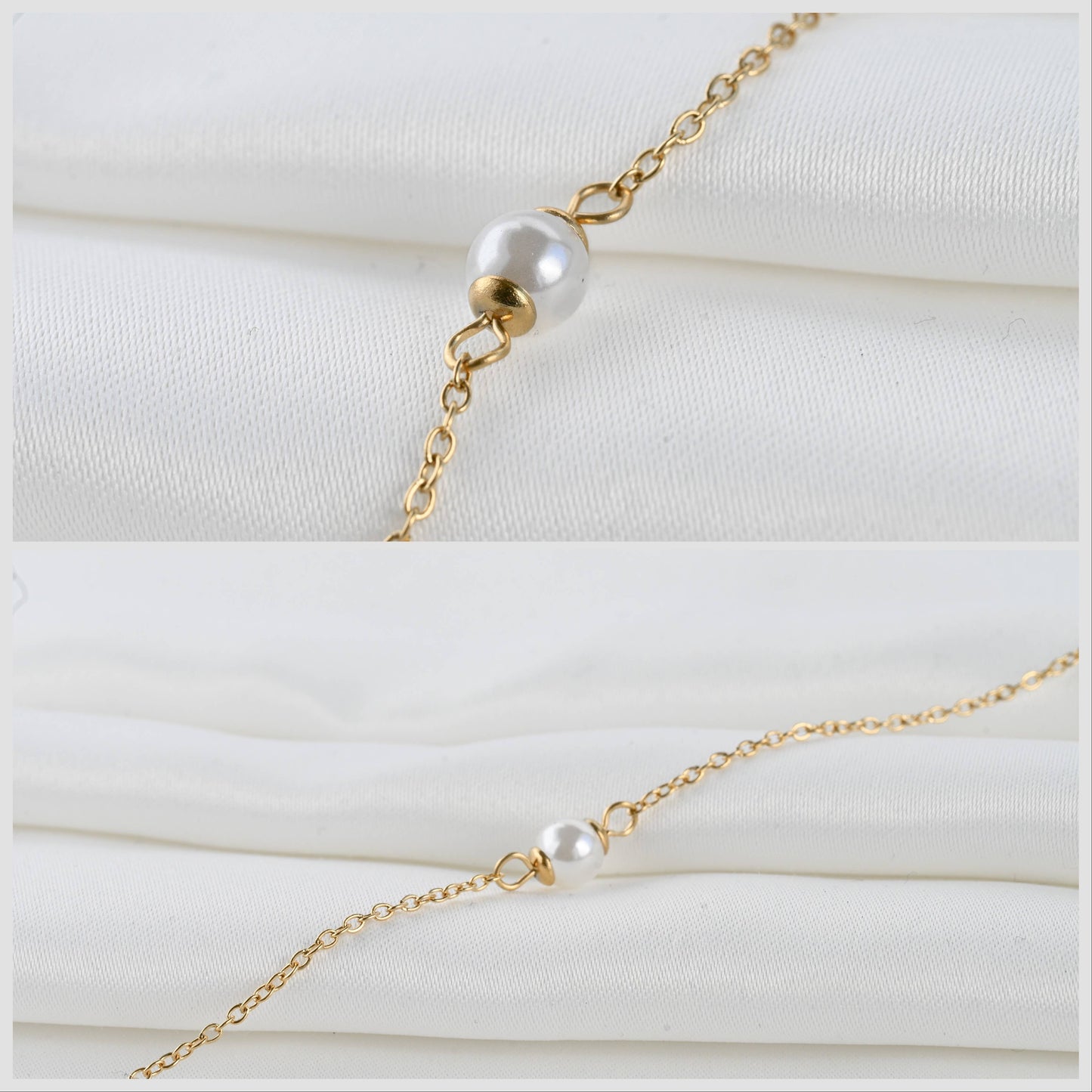 Blueyejewelry - Dainty Pearl Bracelets - 18k Gold Pearl Chain Bracelets: C. Full Pearl