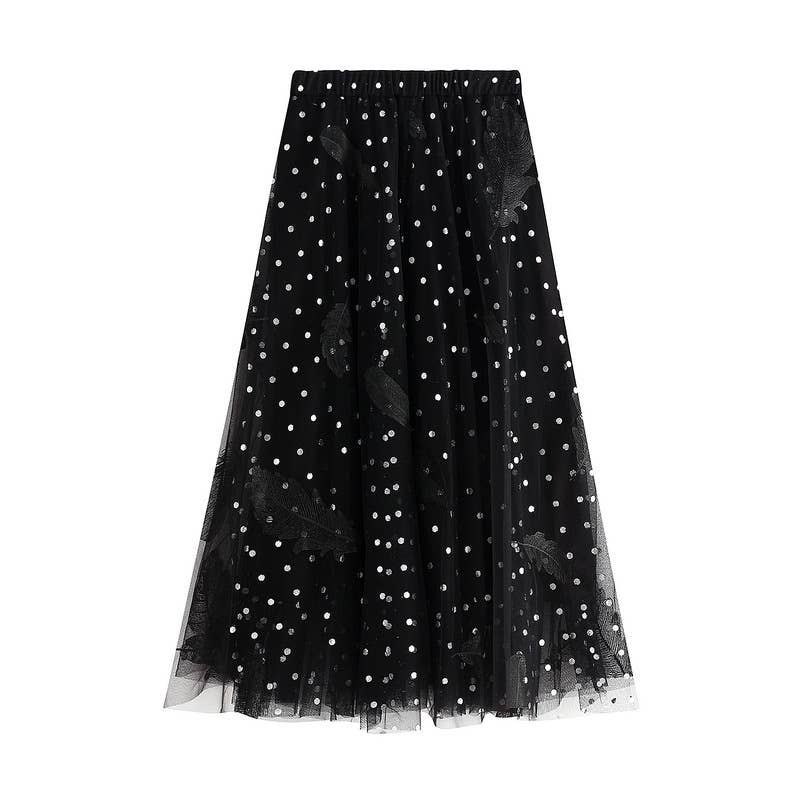 PEACH ACCESSORIES - SK112 Polka Dot and Feathers Detailed Skirts: Off-White