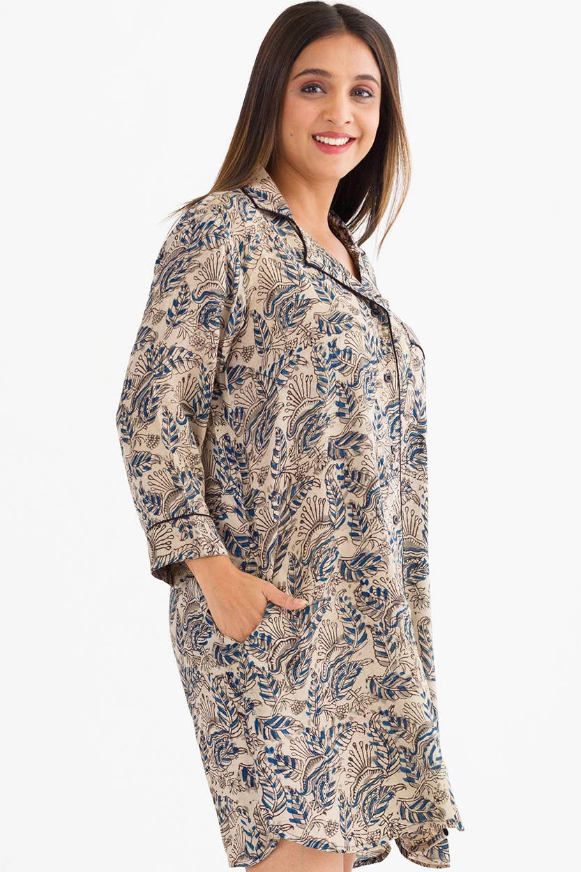 Sevya Handmade - Kalamkari Nightshirt: S/M / Blue & Silver