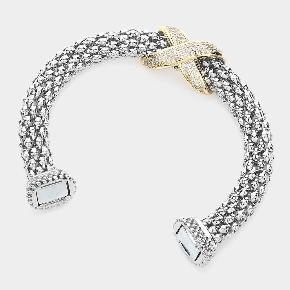 Sensibling Corp. - 14K Gold Plated CZ Stone Paved Crisscross Pointed Mesh Metal
