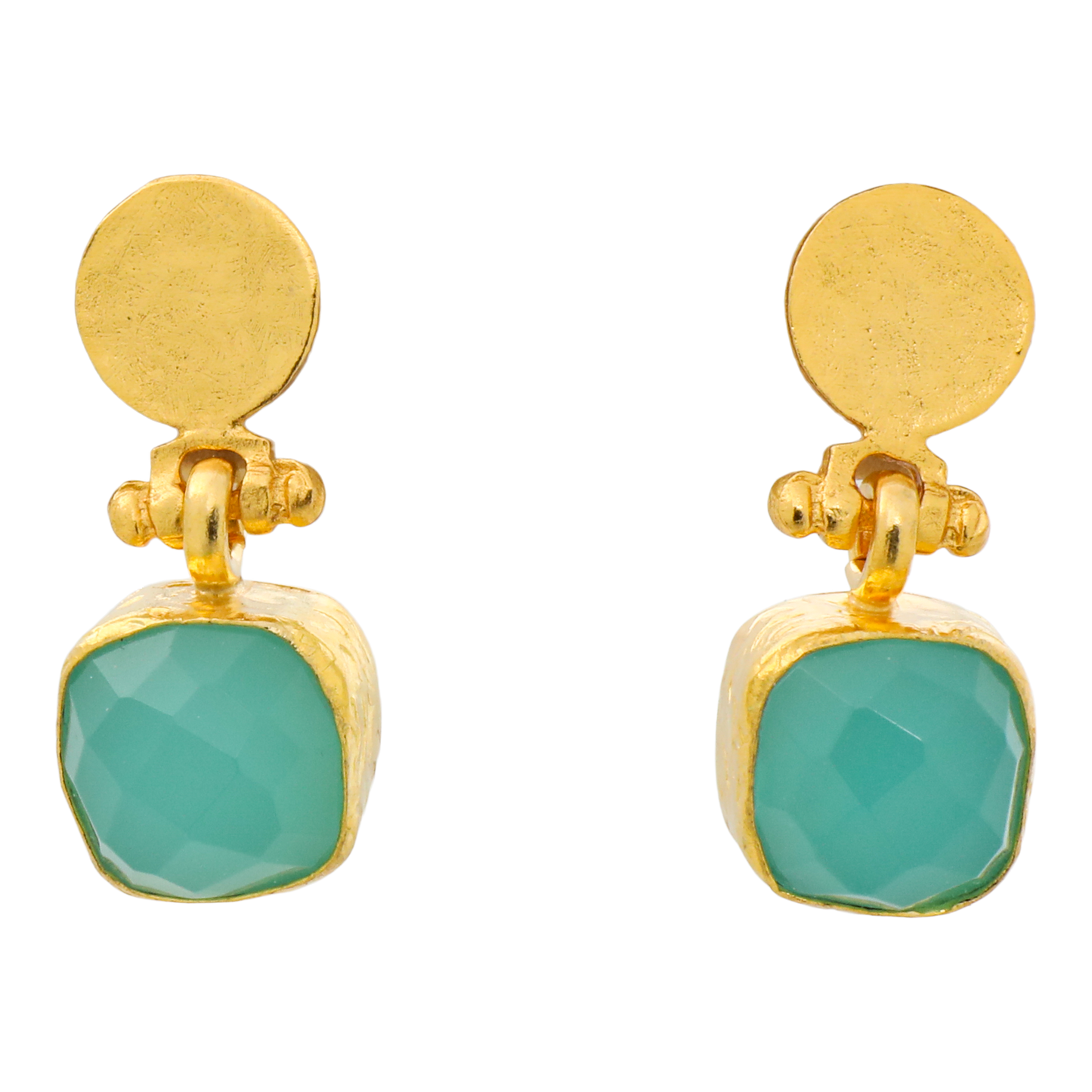 AJS Design Studio - Cushion Cut Aqua Chalcedony Earrings With Hammered Post
