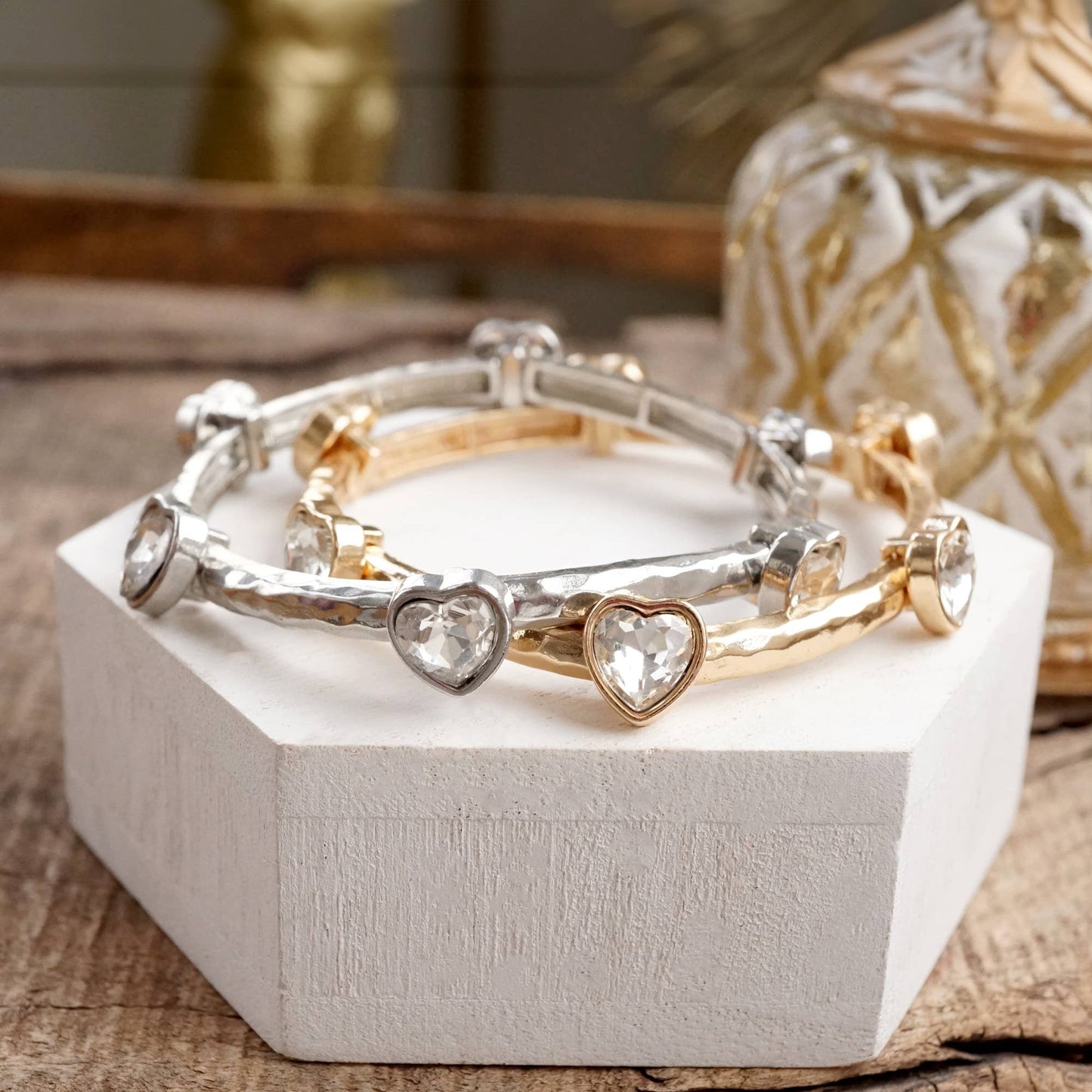 PennyLine inc - Heart Faceted Crystals Stretchy Stackable Station Bangles – Gold & Silver Tone: Gold Tone