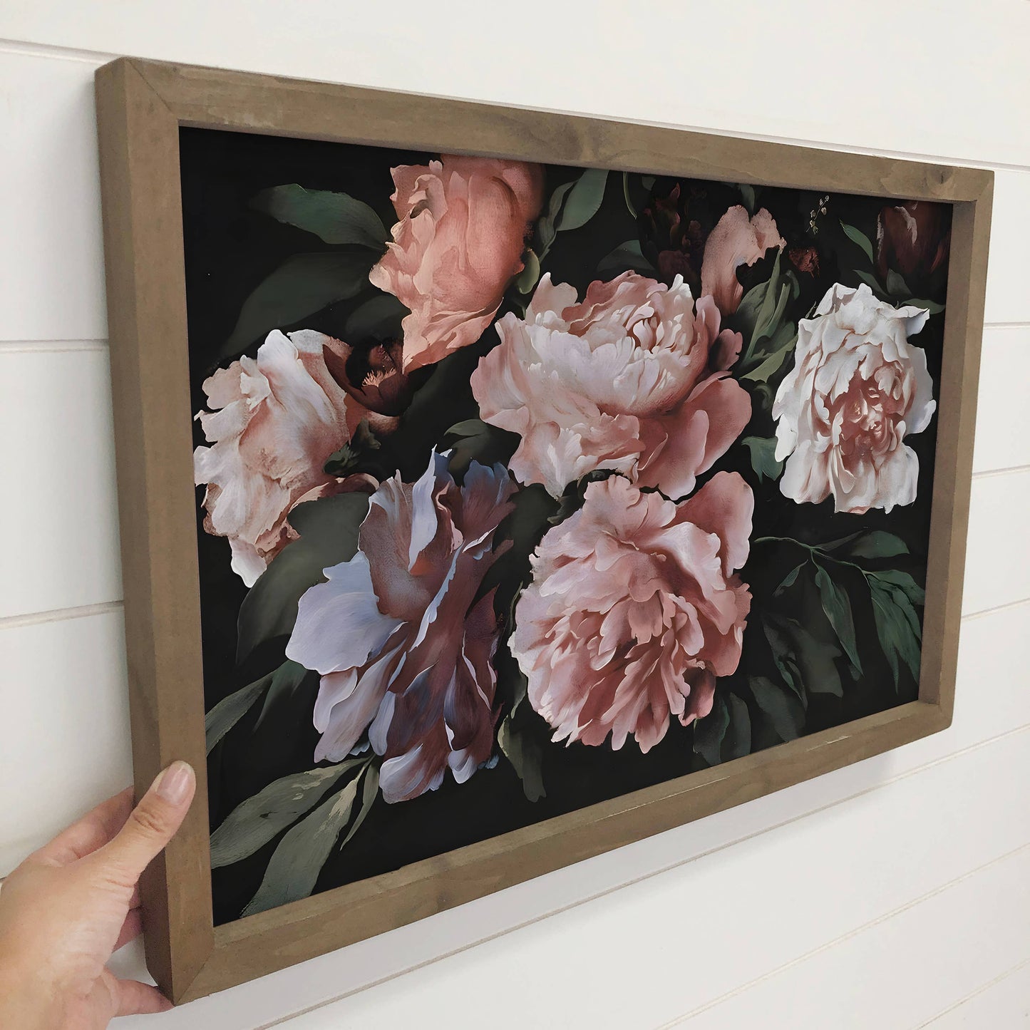 Hangout Home - Peonies Dark Still Painting - Framed Canvas Wall Art Print: 24x36" Extra Large Canvas Art with Thick Wood Frame