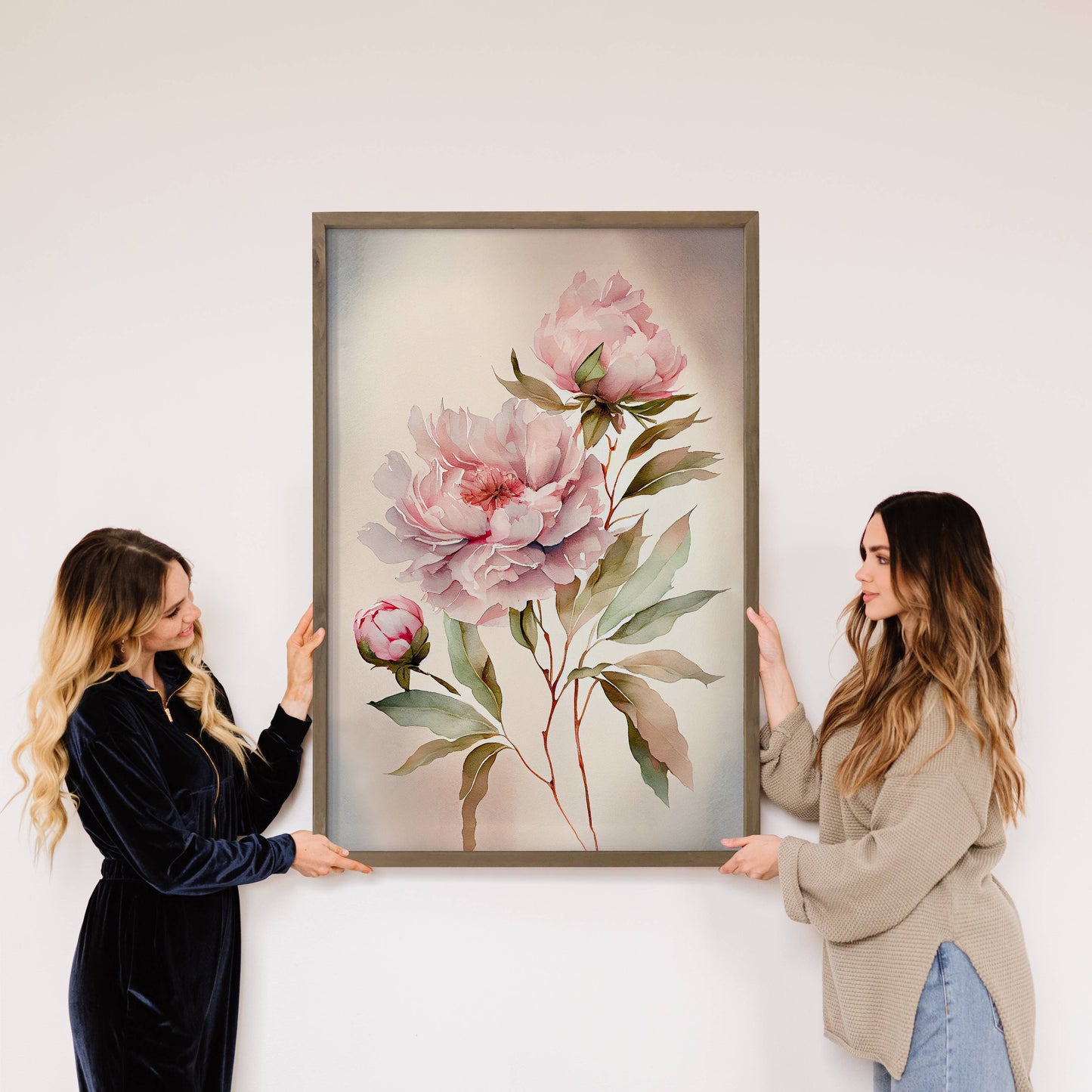 Hangout Home - Pink Peonies - Framed Nature Decor - Farmhouse Wall Art: 24x36" Extra Large Canvas Art with Thick Wood Frame