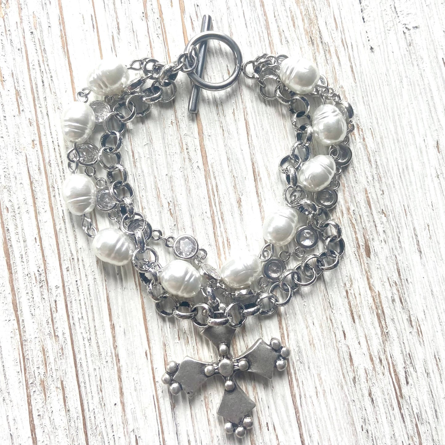 VB&CO Designs Handmade Jewelry - French vintage cross pearl matte gold jewelry: Matte gold