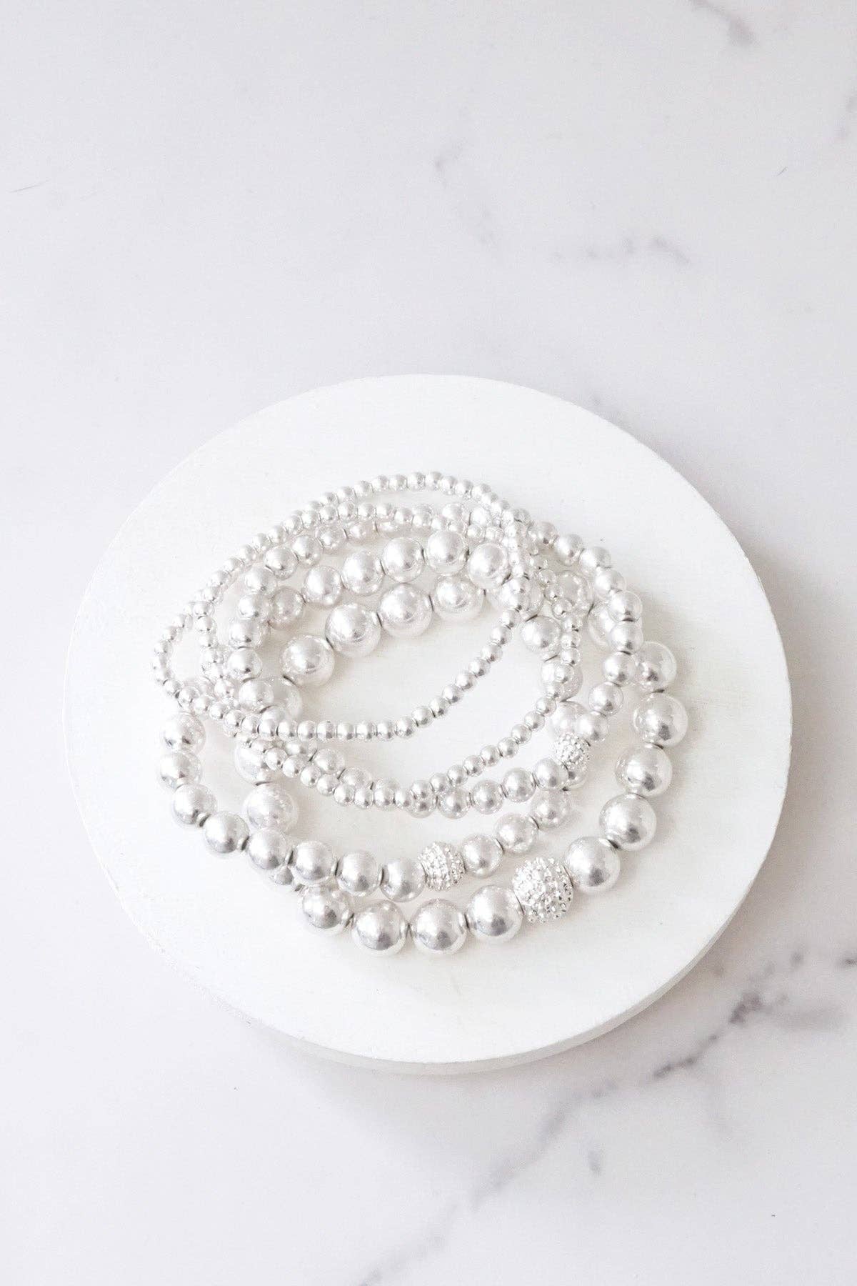 PennyLine inc - Multi size ball beaded bracelet stack Worn Silver tone bracelets