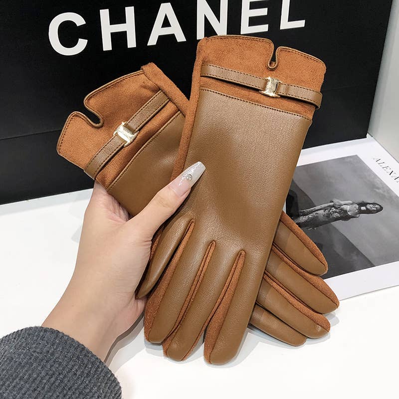 PEACH ACCESSORIES - LG004 Classic Elegance PU Leather Gloves with Shiny Buckle: Beige
