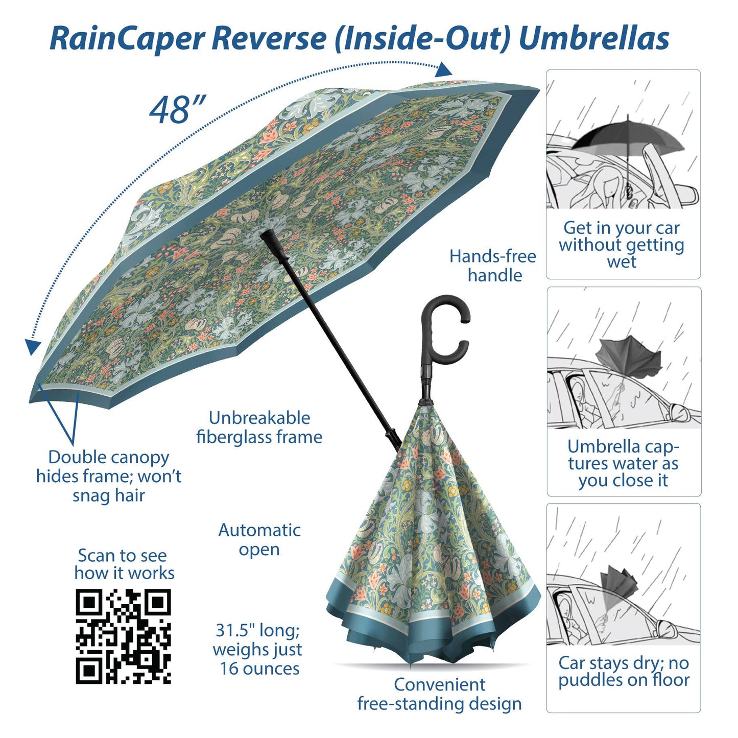 RainCaper - RainCaper William Morris "Golden Lily" Reverse Umbrella
