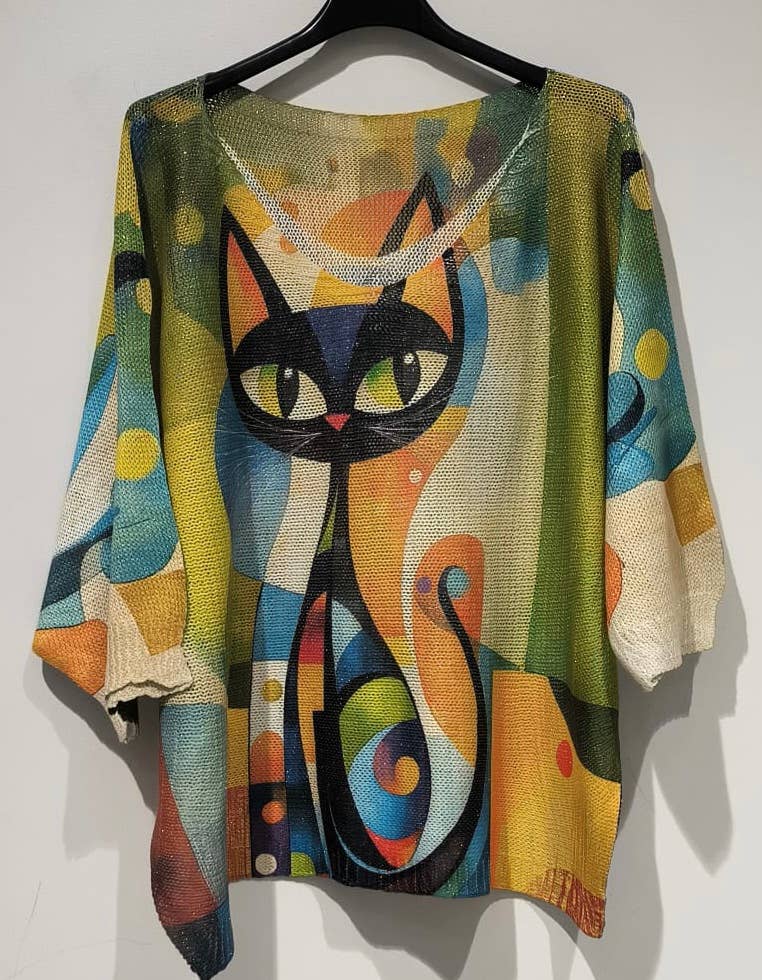 LOOWIE - POCATG Black Cat Knit Printed Sweater 3/4 sleeves