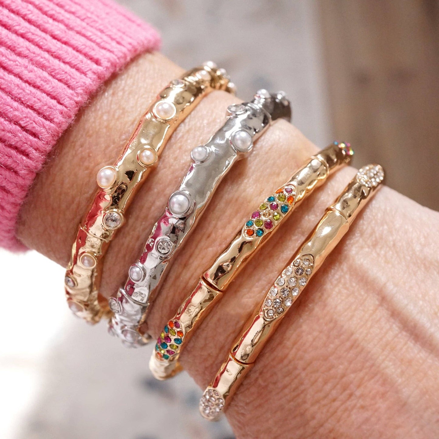 PennyLine inc - Stretchy Stackable Bangle Pearls and Rhinestones Gold or Silver Tone: Clear Crystals - Gold Tone