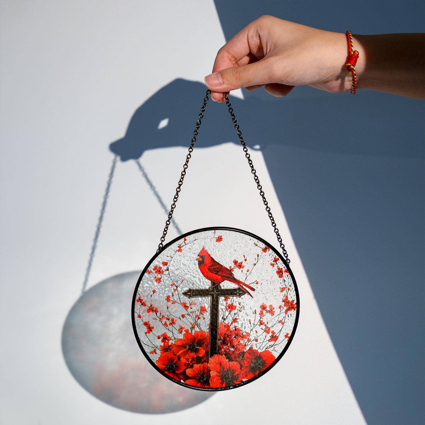 NVC Ecommerce LLC - Cardinal & Cross Stained Glass Suncatcher, Window Decor: 11.8in