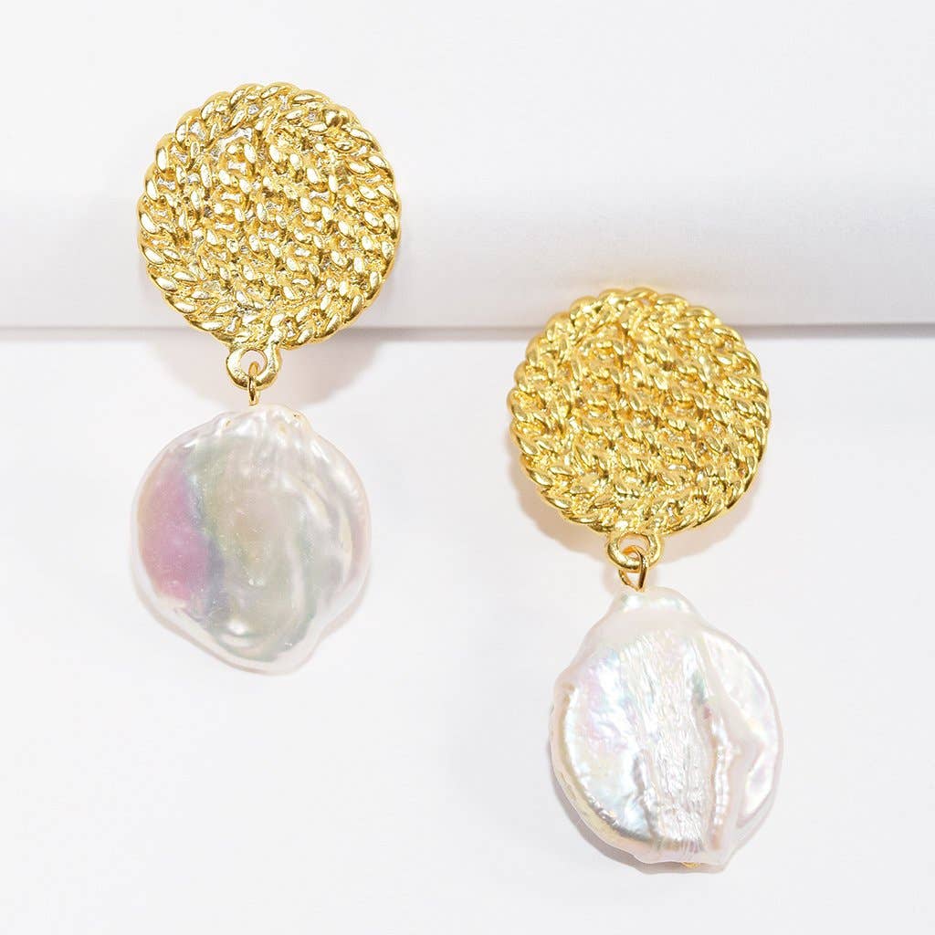 KARINE SULTAN - Cuban Disc & Flat Pearl Drop Earring: Yellow Gold