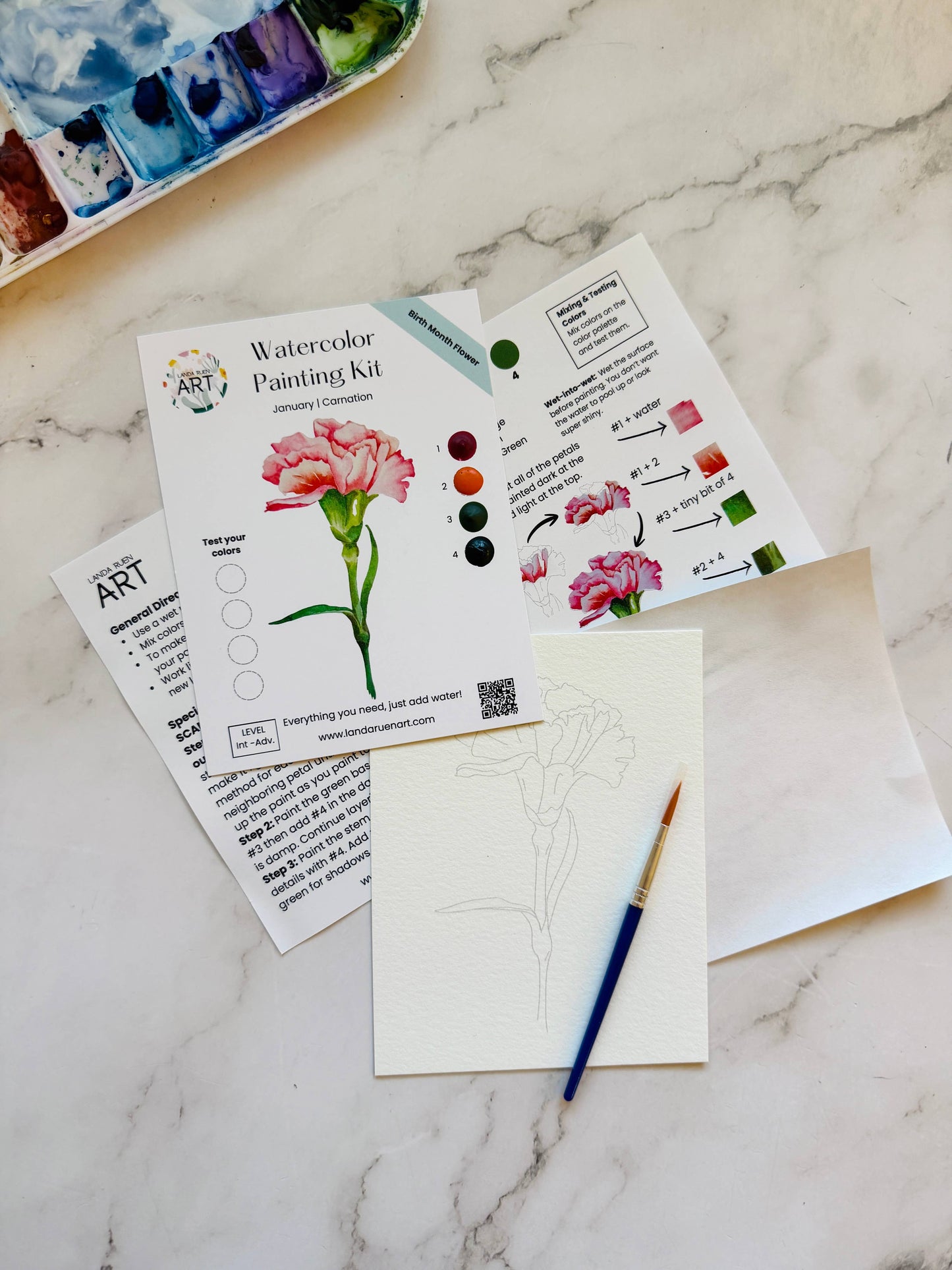 Landa Ruen Art - Carnation Watercolor Kit | January Birth Month Flower