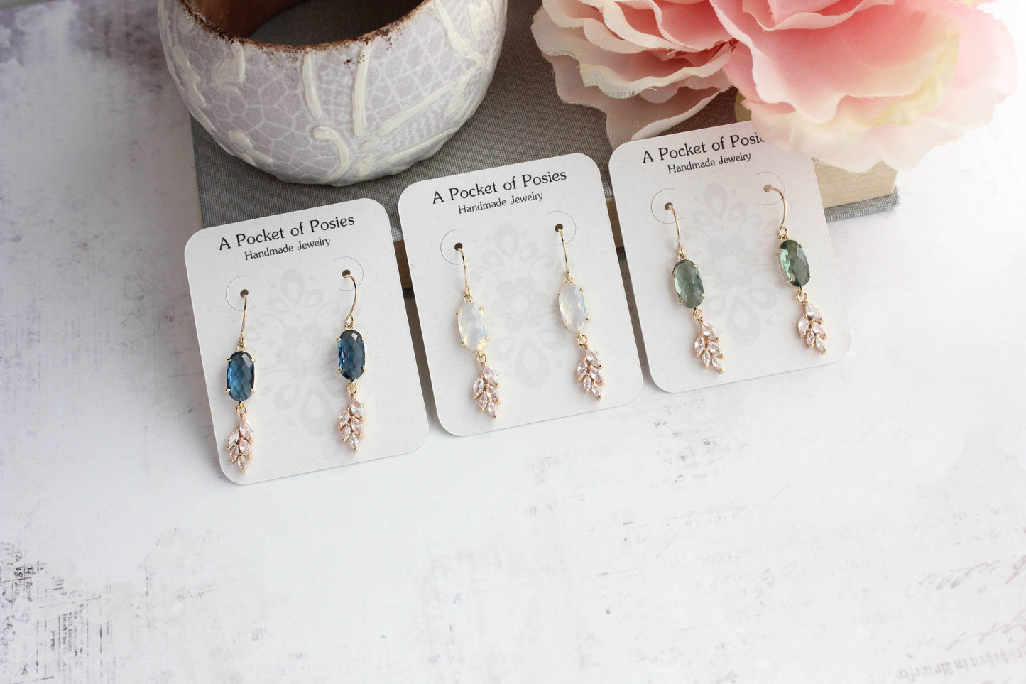 A Pocket of Posies - Sparkling Crystal Earrings | Leaf Earring | Bridal Earrings: Erinite Green
