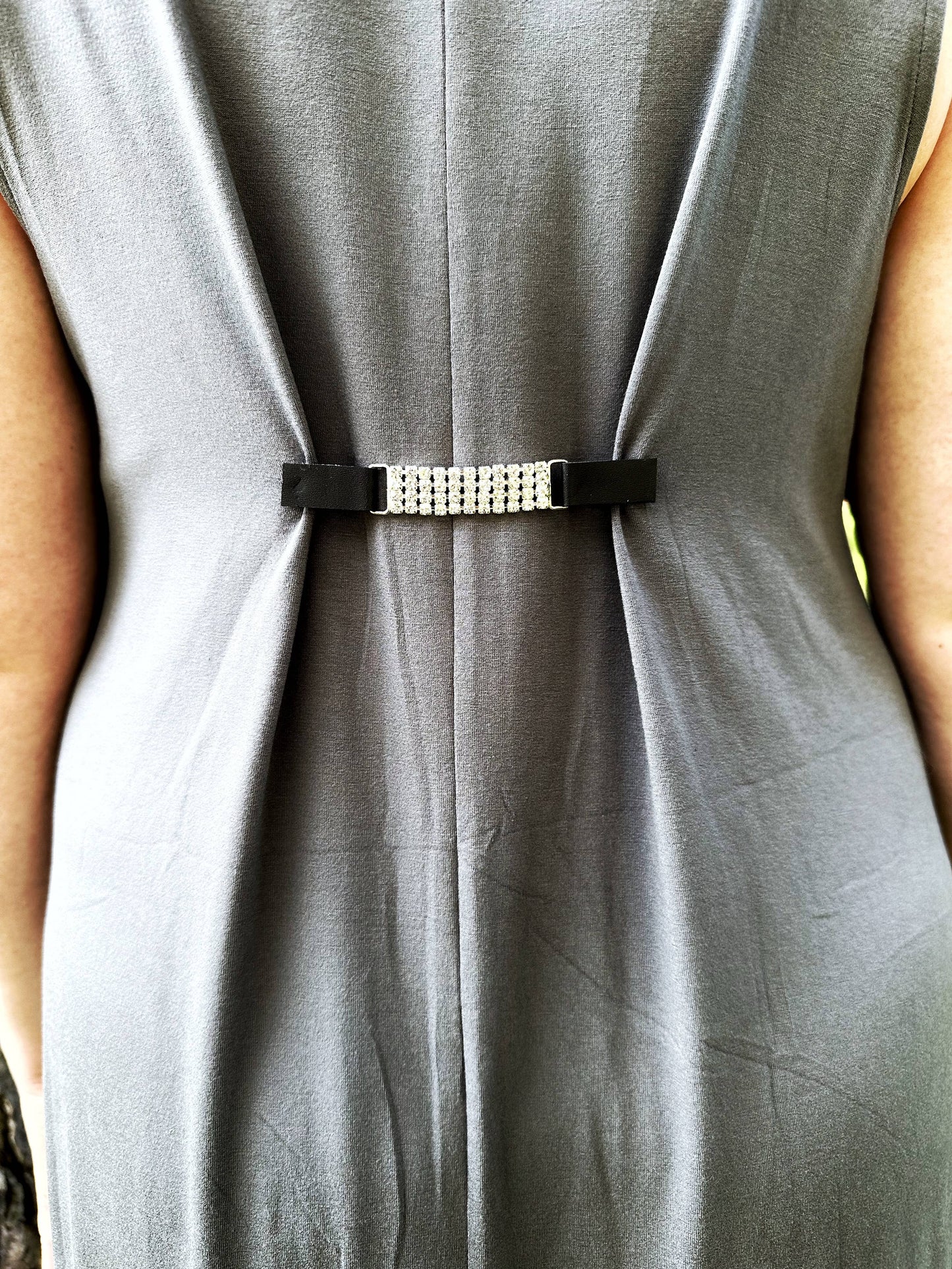 KardiKlips - Rhinestones & Black Leather Straight Cinch Clip for Dresses