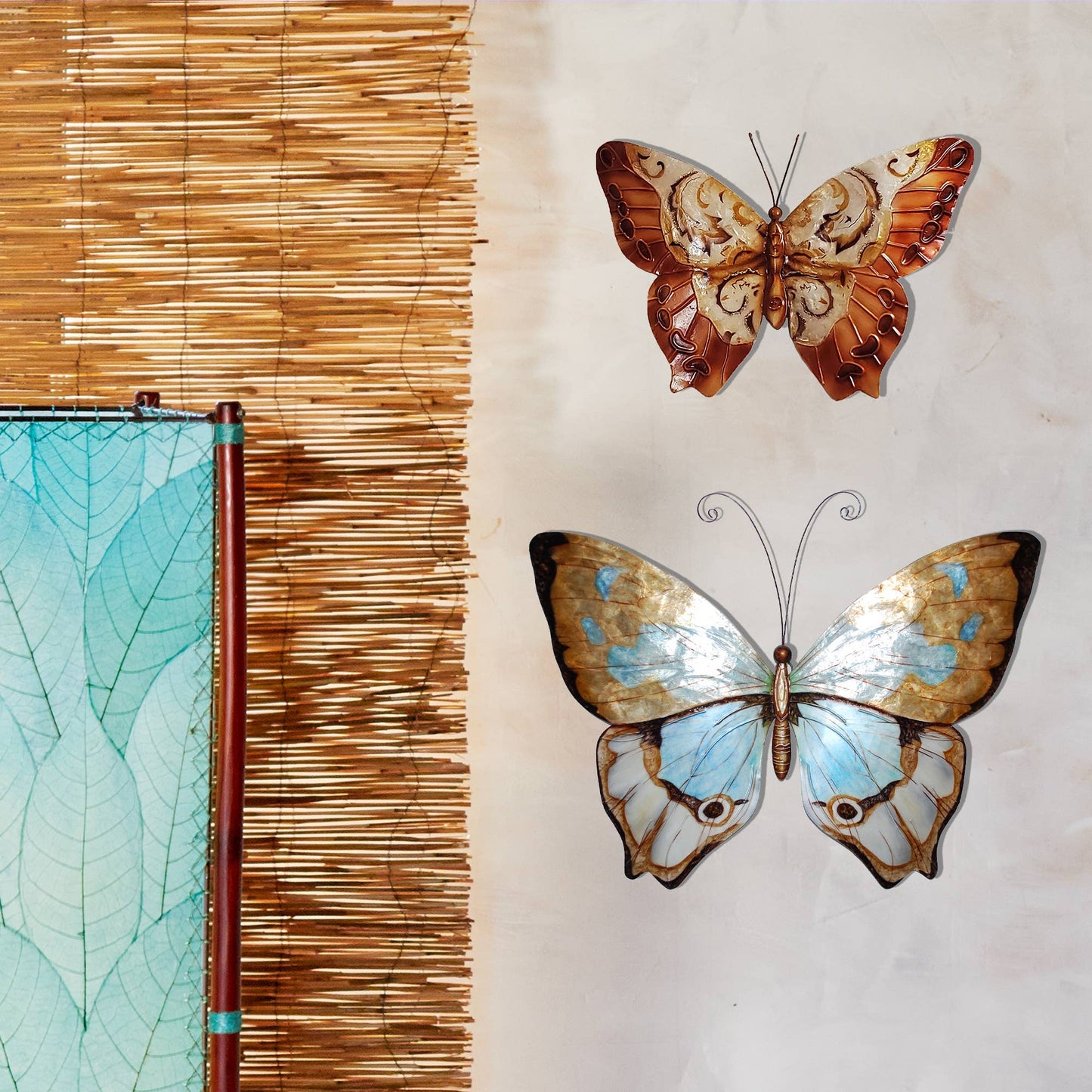Eangee Home Design - Butterfly Wall Decor Copper With Aqua, w/ Capiz-Outdoor Safe