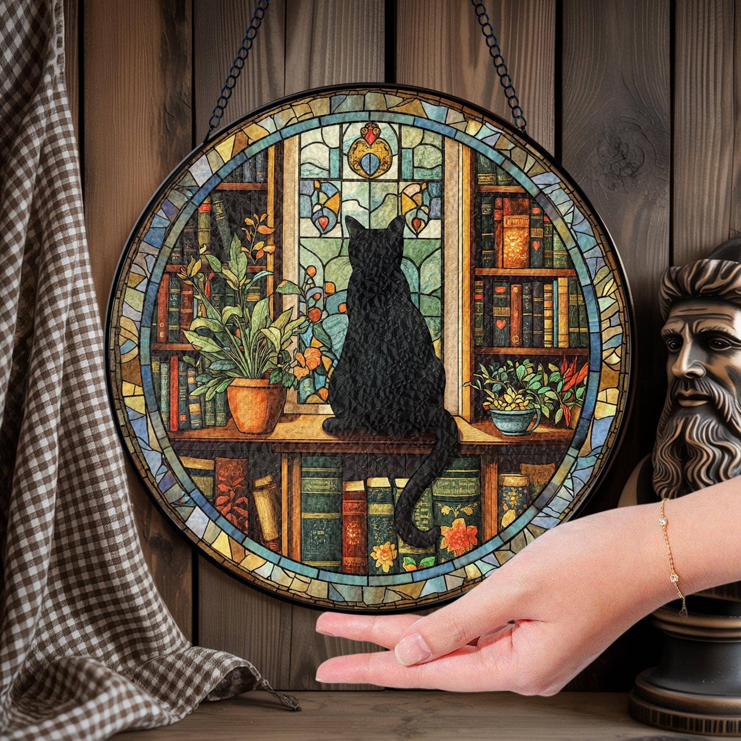 NVC Ecommerce LLC - Black Cat and Book Stained Glass Suncatcher, Librarian Decor: 11.8in