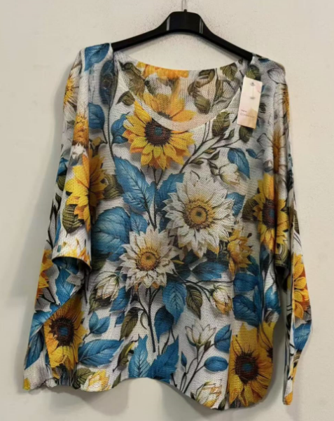 LOOWIE - POSUN Yellow Sunflower V-Neck Knit Printed Sweater LOOWIE