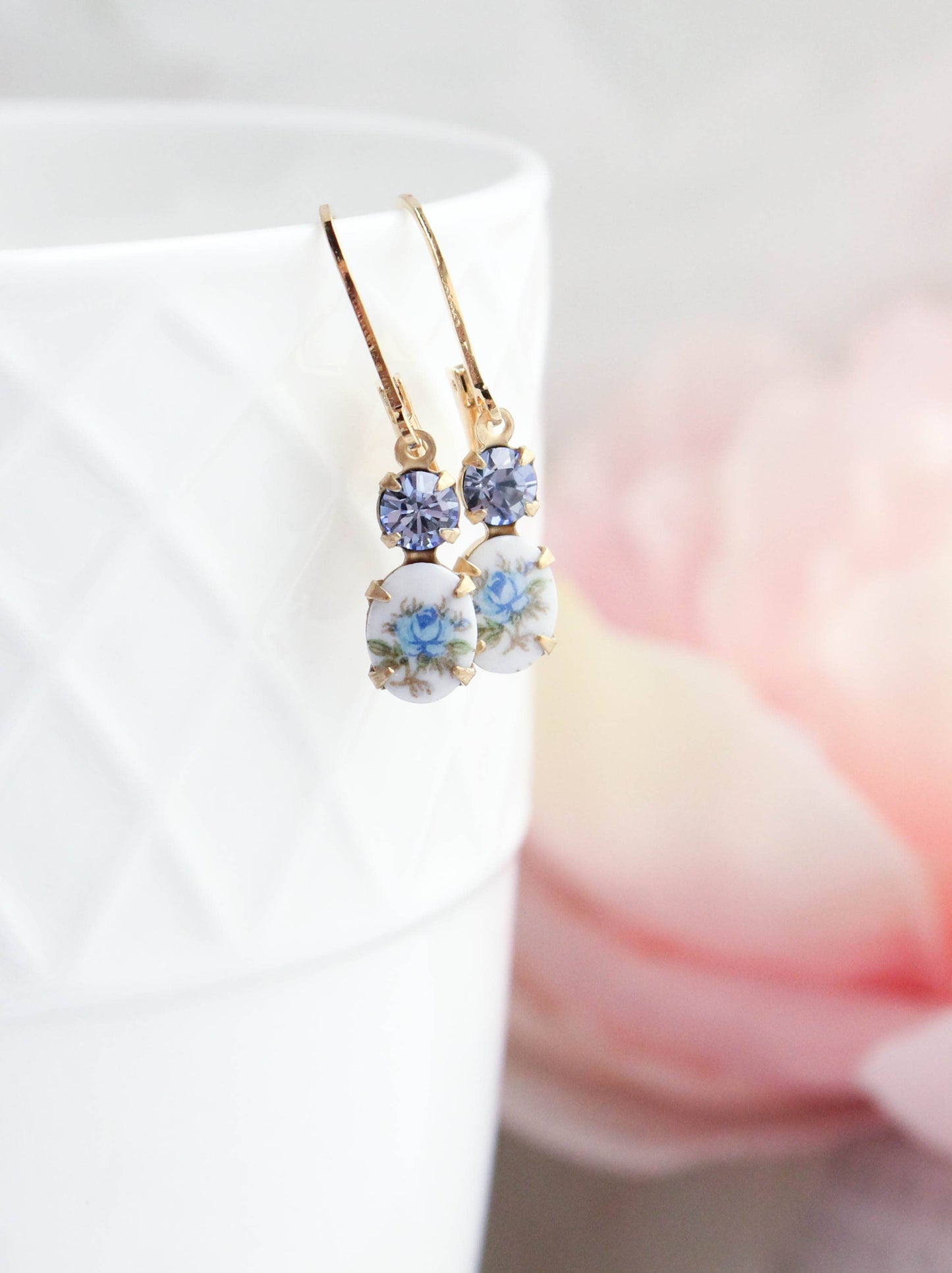 A Pocket of Posies - Little Blue Rose Cameo Earrings - Vintage Glass