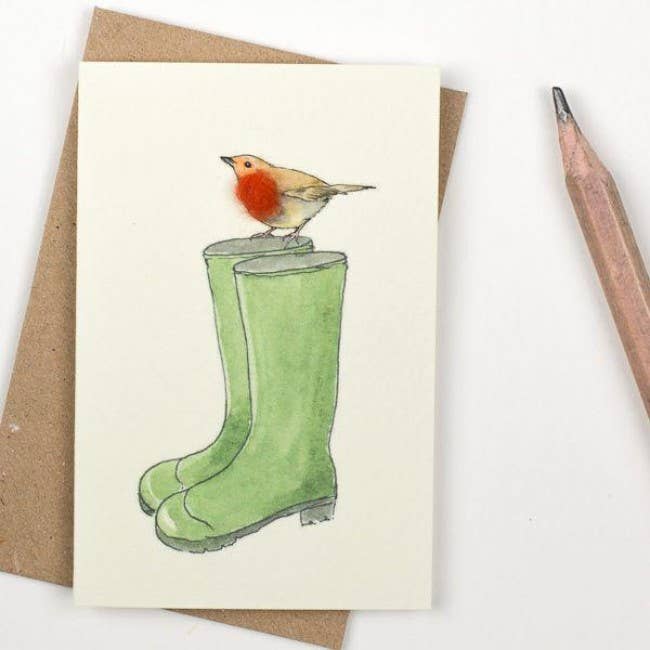 Papersheep UK - Robin on Wellies Mini Card with Wool Finish | Greeting Card