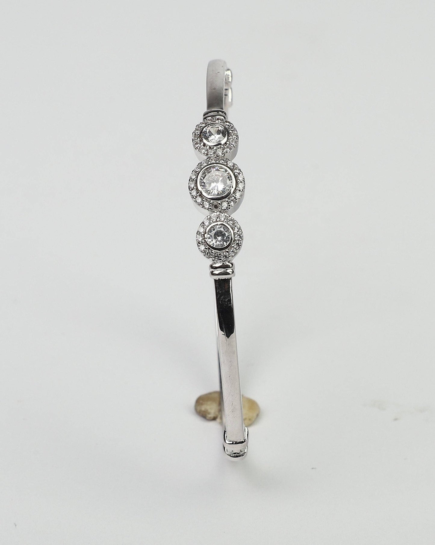 Diamond Veneer Travel Jewelry - Hinged Zirconite Cubic Zirconia 3-Stones Bezel Rhodium Bangl: SILVER