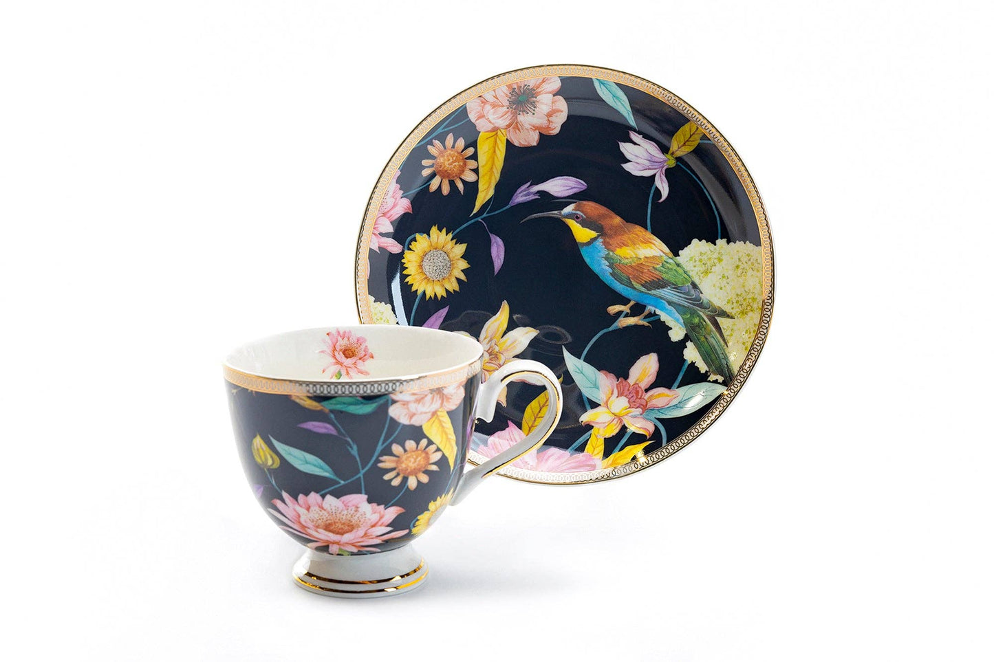 Grace Teaware - Spring Flowers Hummingbird Porcelain Cup & Saucer Set of 4