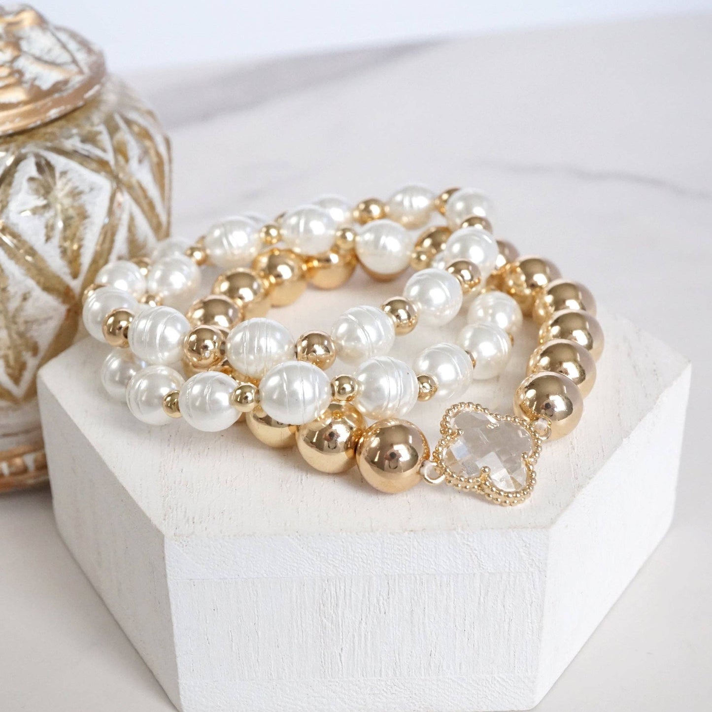 PennyLine inc - Chunky Beads & Clover Charm Statement Bracelet Set – Bold & Elegant