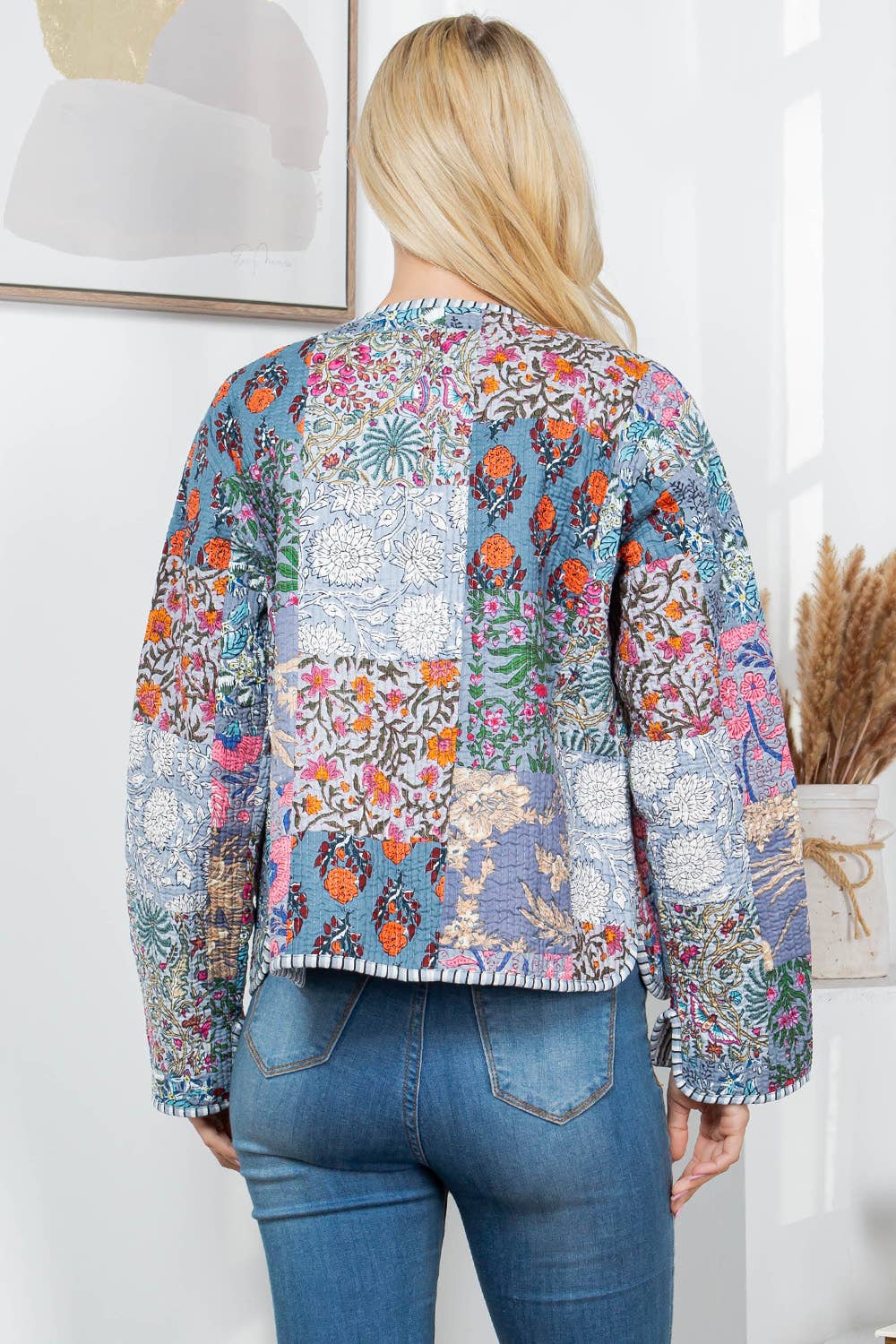LA Soul - Floral Print Quilted Patch Cotton Jacket - Grey : S