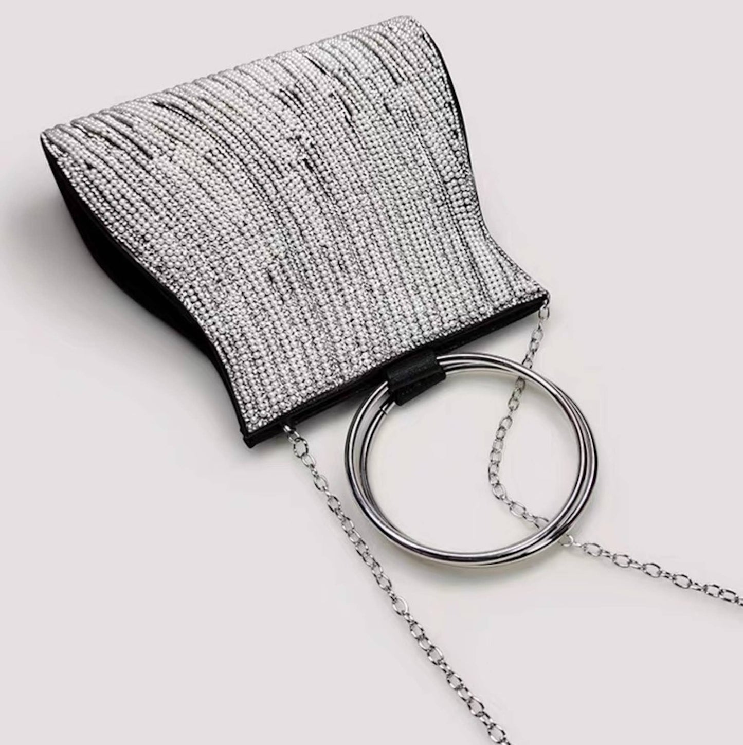 Cici’De Jewelry Amsterdam - Shiny Black Party Clutch with Pearl Beads and Silver Circle: Gold