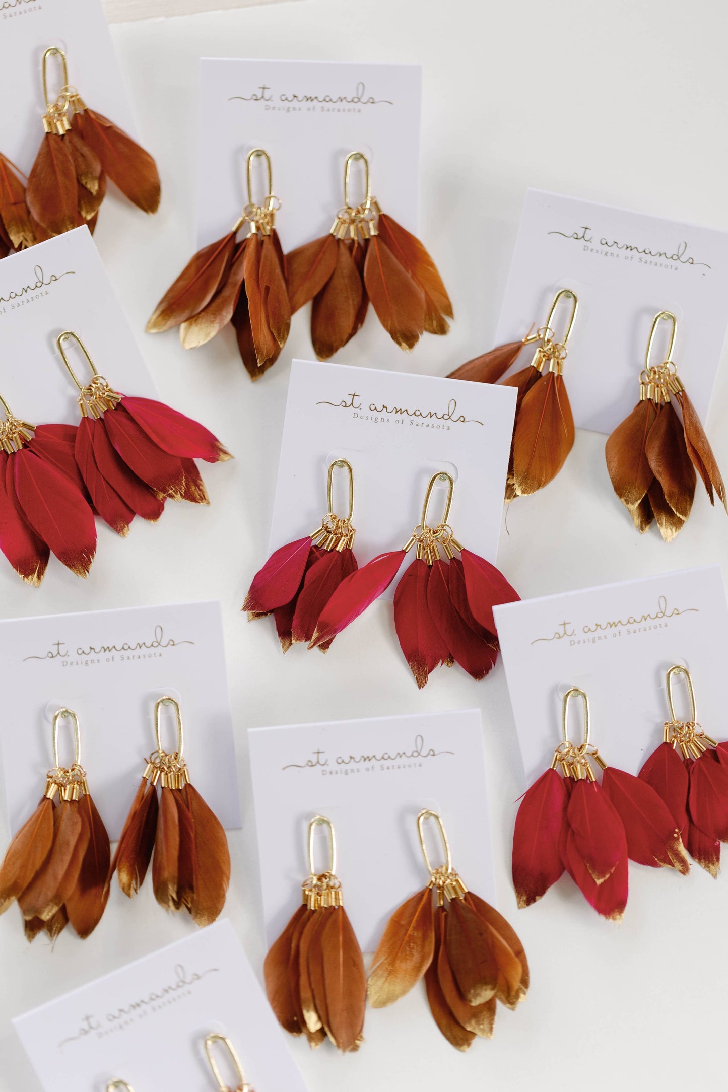 St Armands Designs of Sarasota - Garnet Gold Dipped Feather Statement Earrings