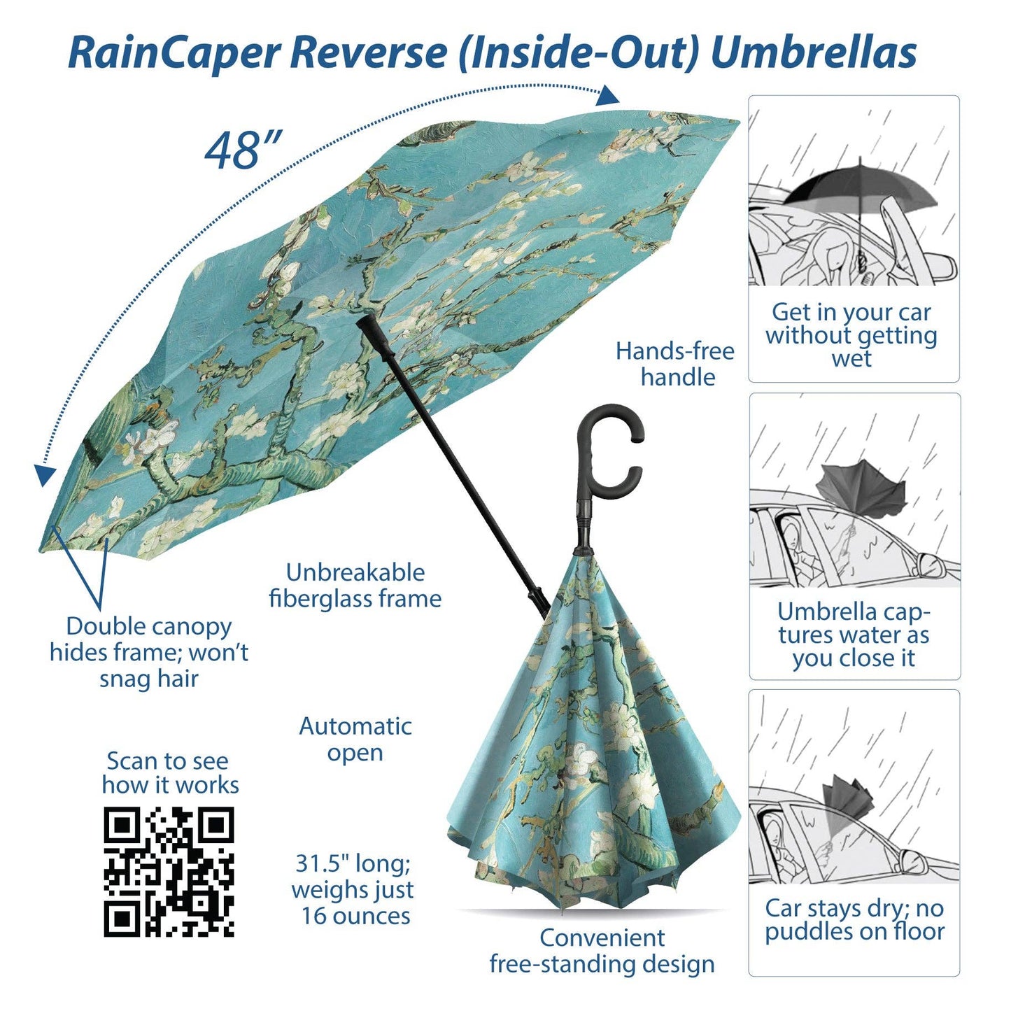 RainCaper - Van Gogh Almond Blossom Reverse Inverted Umbrella – Windproof, Hands-Free