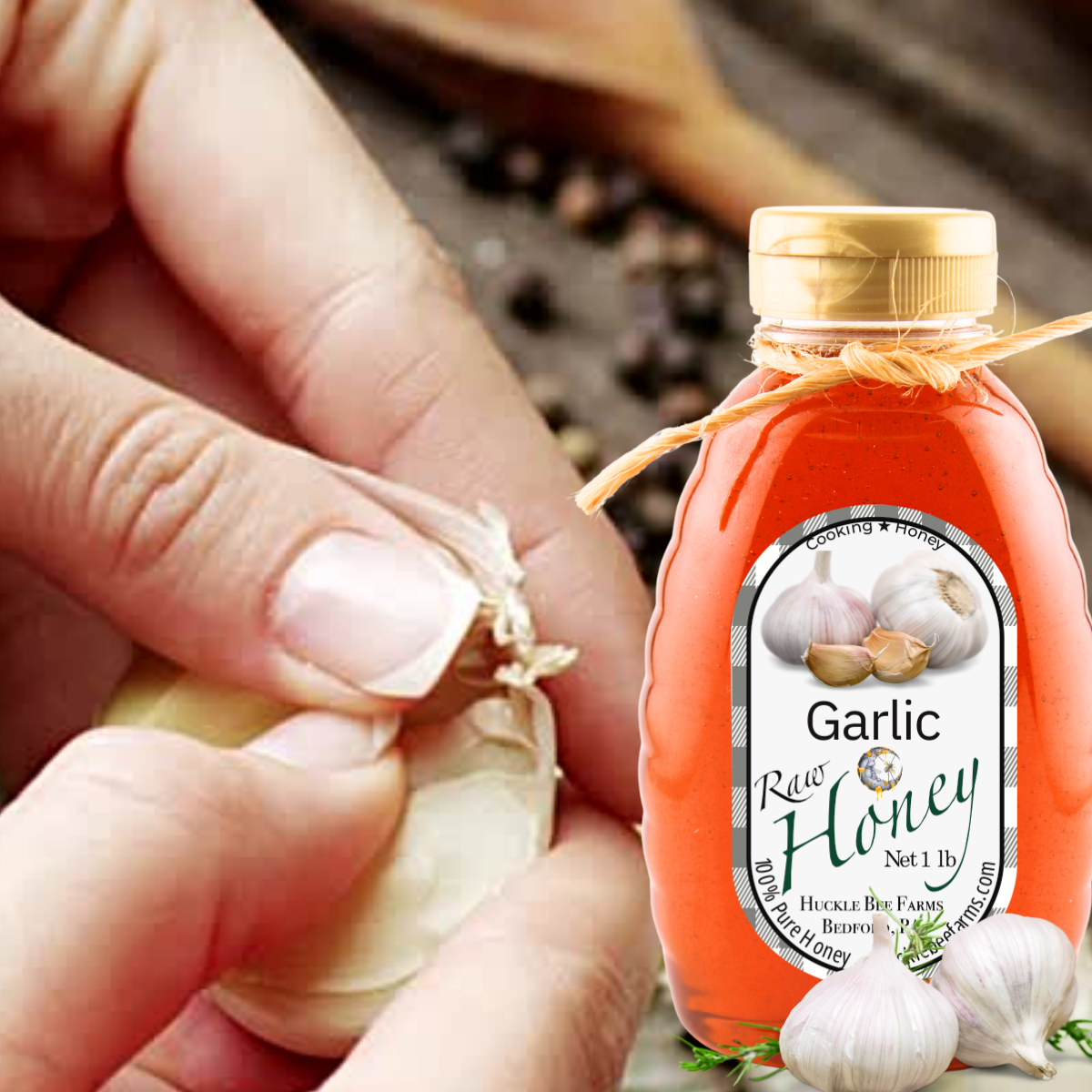 Huckle Bee Farms LLC - Garlic Infused Raw Honey: 1 lb Bottle