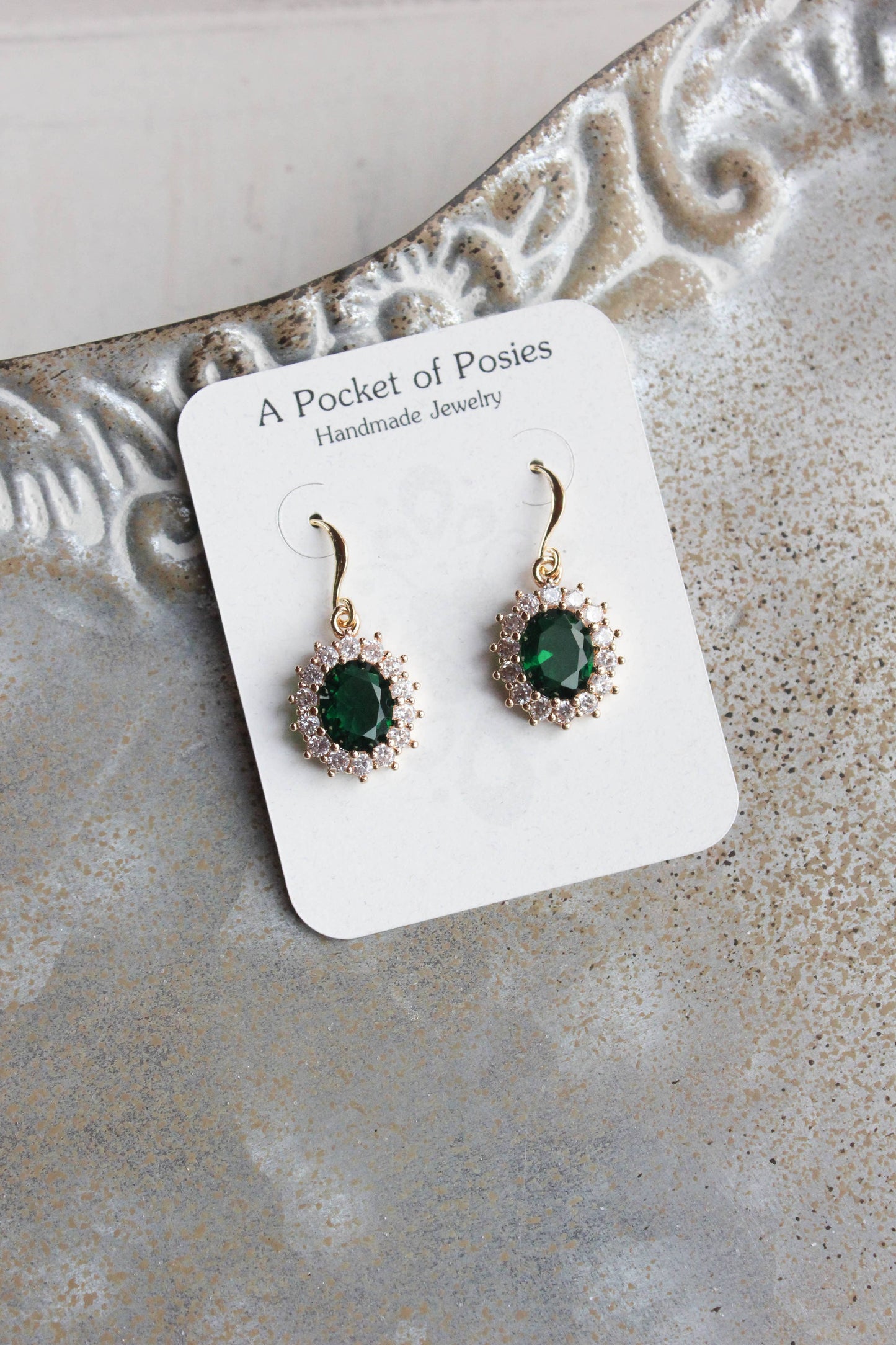 A Pocket of Posies - Emerald Green Oval Glass Earrings: Gold
