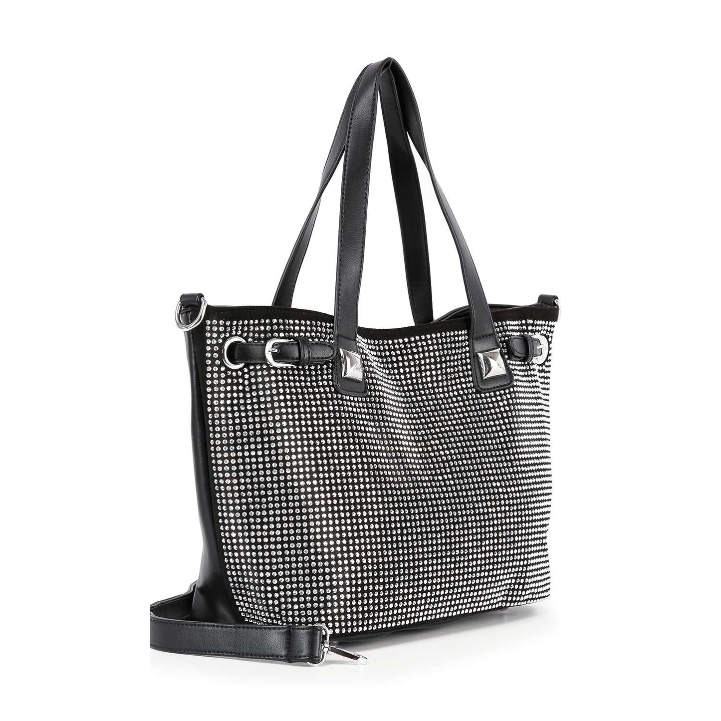 Handbag Express - Buckle Accented Sparkling Tote Handbag: Black