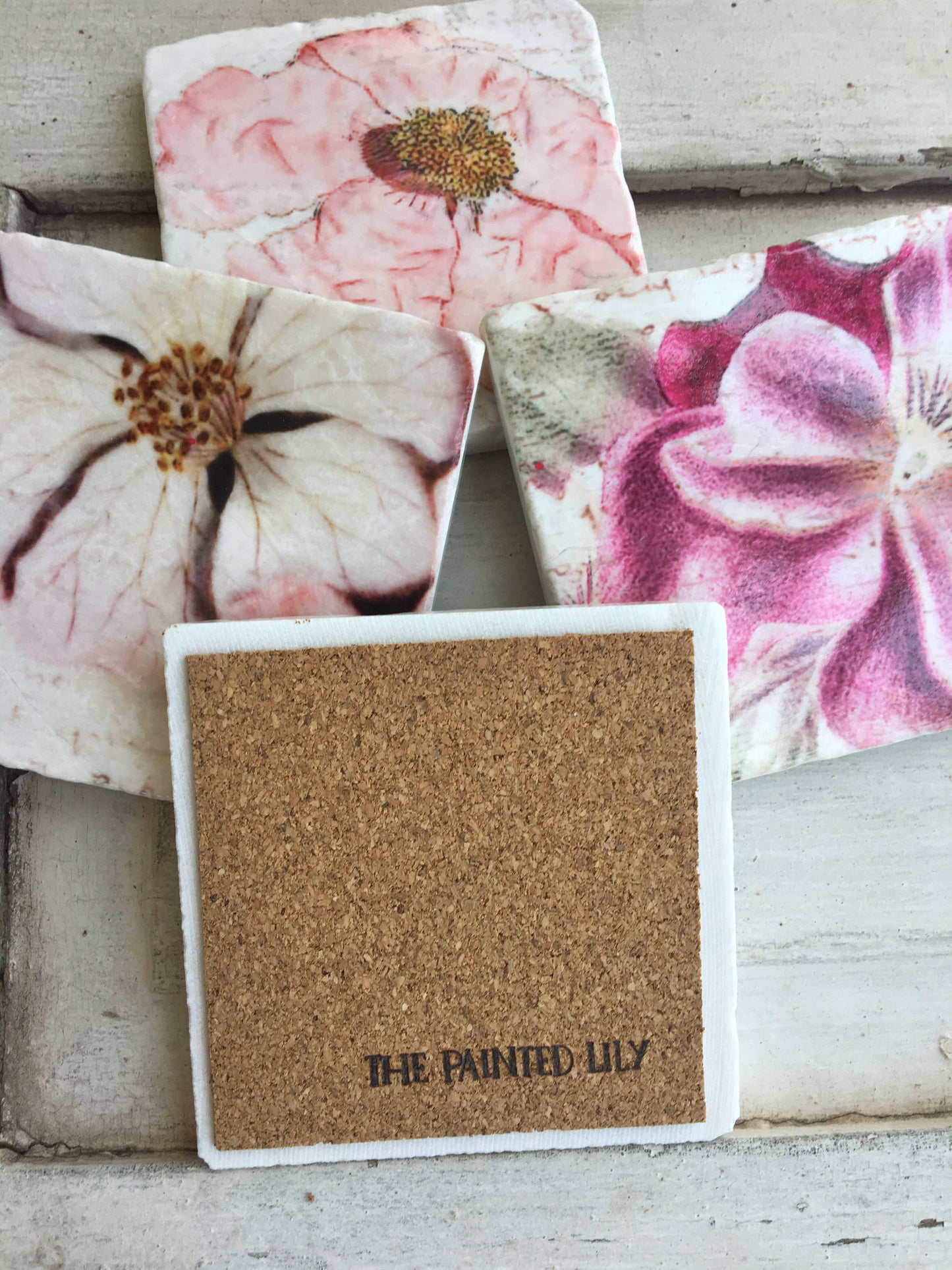 The Painted Lily - Soft Pink Floral stone coasters - case of 4