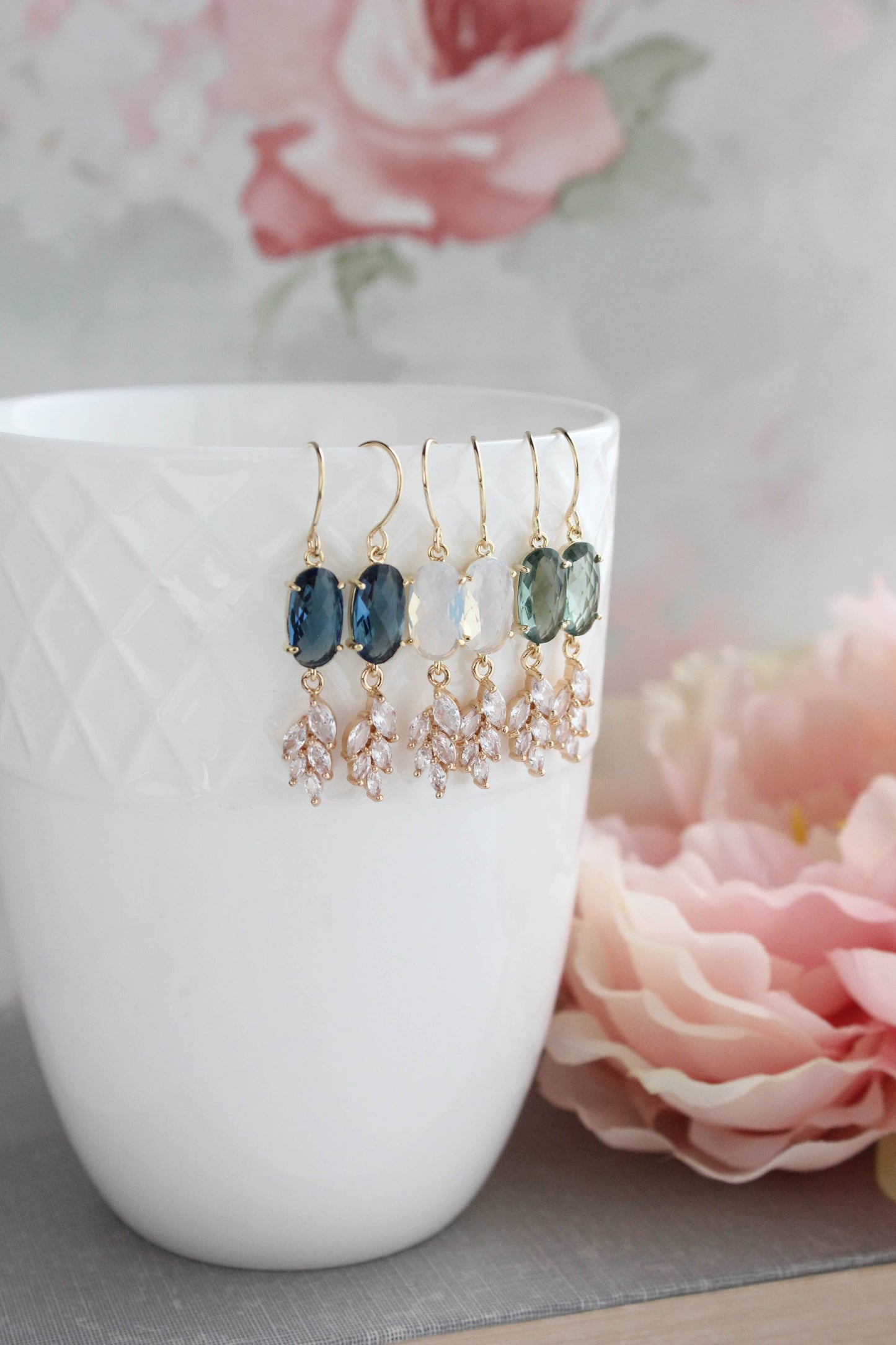 A Pocket of Posies - Sparkling Crystal Earrings | Leaf Earring | Bridal Earrings: Erinite Green