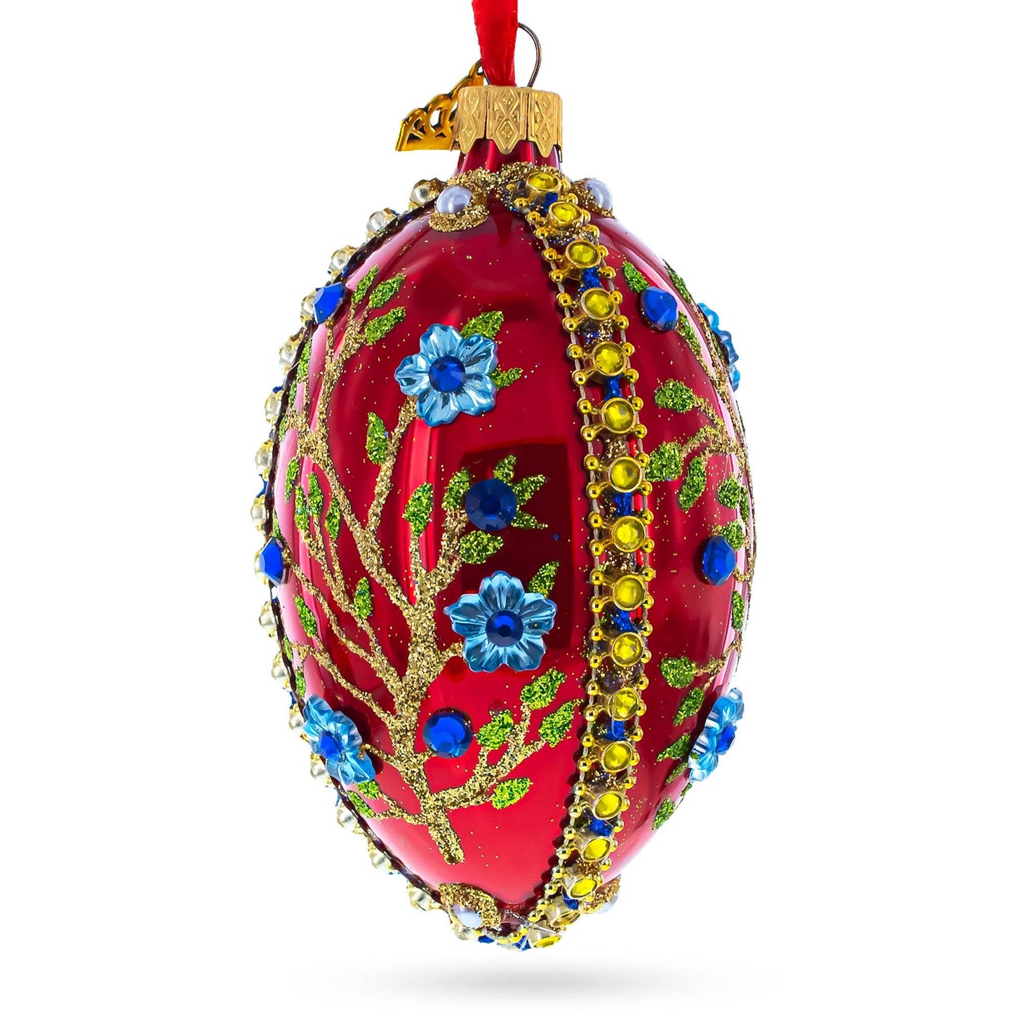 BestPysanky - Blue Bejeweled Flowers on Red Glass Egg Ornament