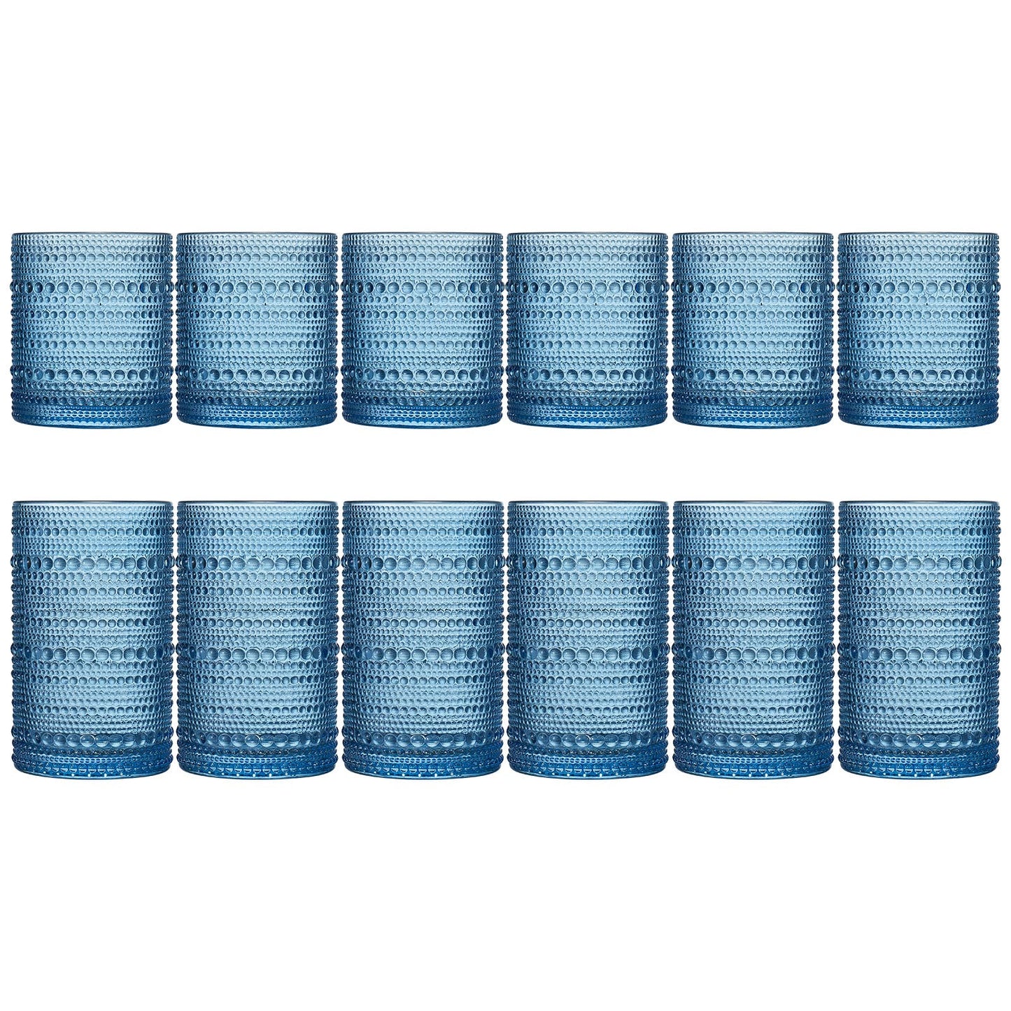 The Wine Savant / Khen Glassware - Blue Hobnail Glasses, 12 Set, 6x Low 11OZ + 6x High 12OZ