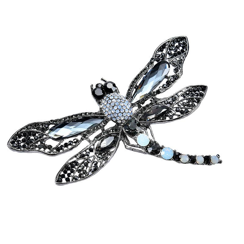 PEACH ACCESSORIES - 1540 Crystals jewelled dragonfly brooch: Grey