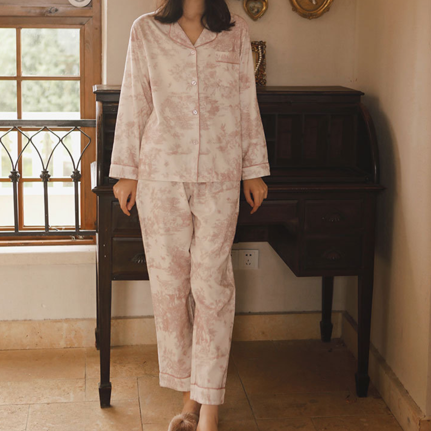 DrifWoo - Soft Pink Toile Print Loungewear – Spring Cozy Homewear: S
