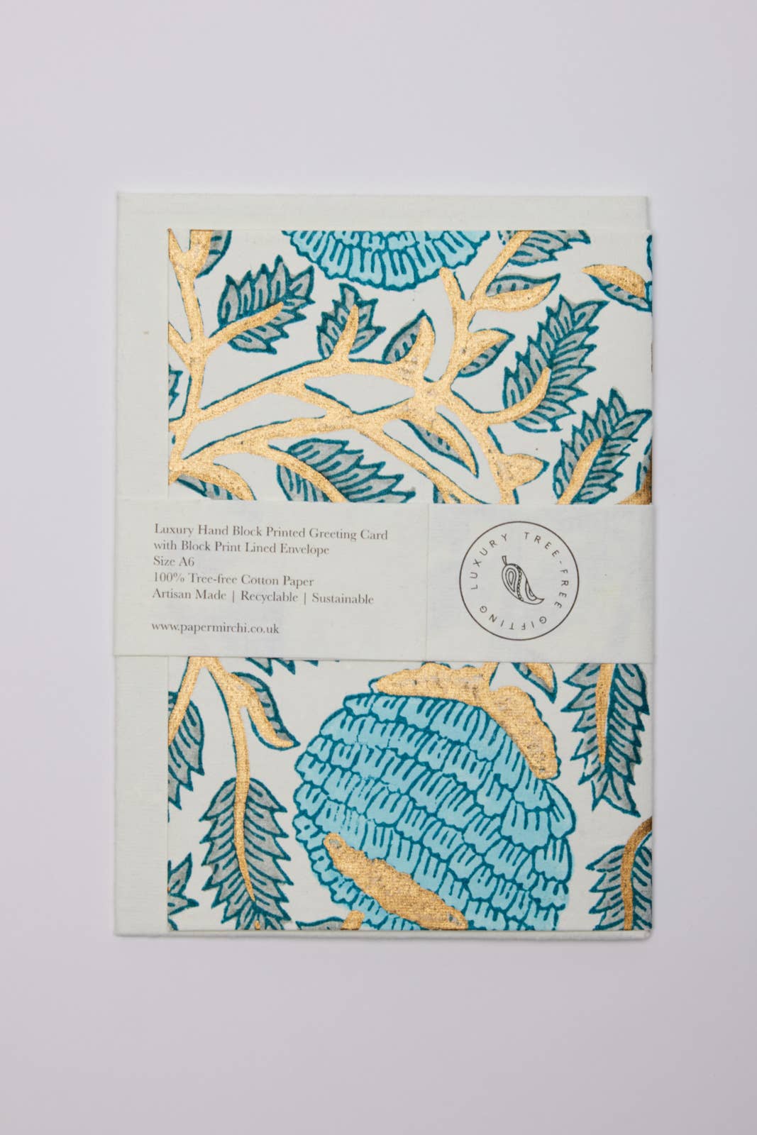 Paper Mirchi - Hand Block Printed Greeting Card - Marigold Glitz Turquoise