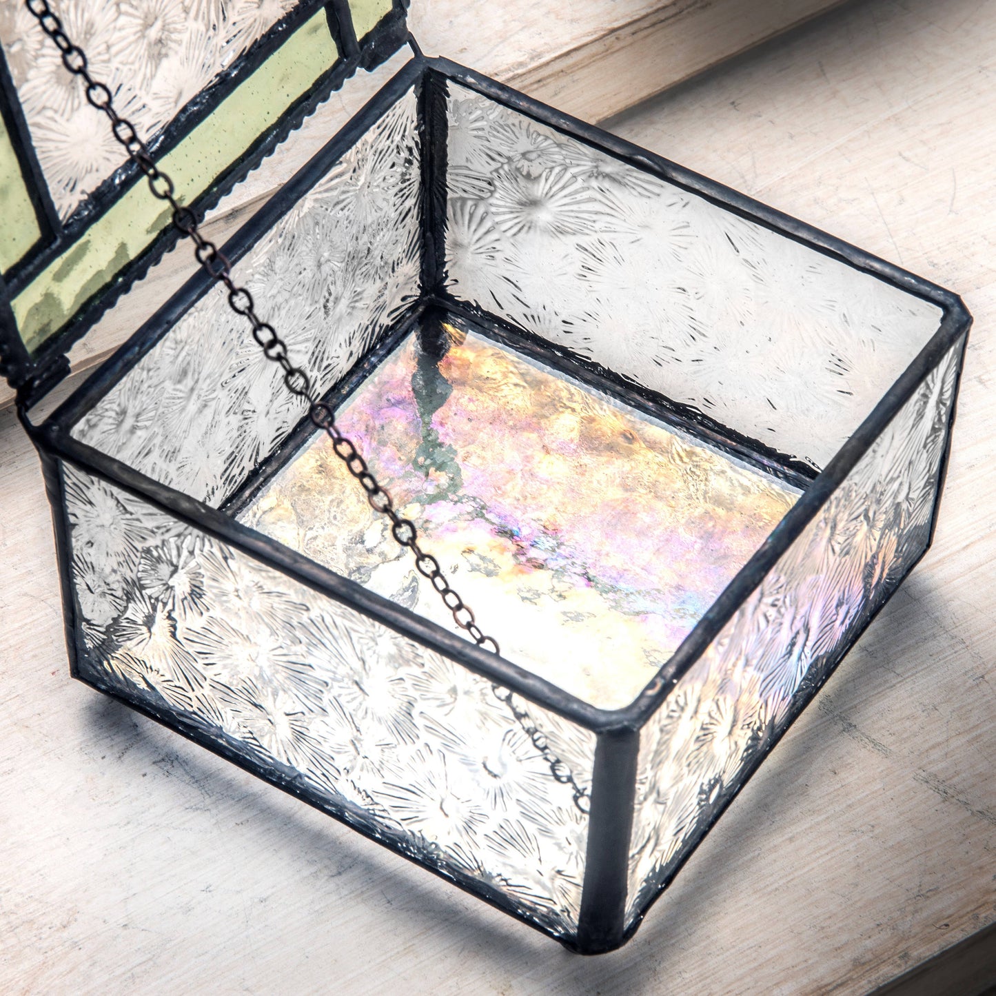 J Devlin Glass Art & Bert Anderson Collection - Green & Clear Stained Glass Dragonfly Keepsake Box 141