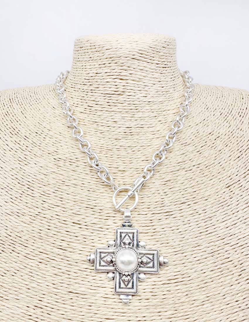 Pretty Persuasions - N25065 Large Faux Pearl Adorned Cross Pendant Necklace 18"+3: 01 WG