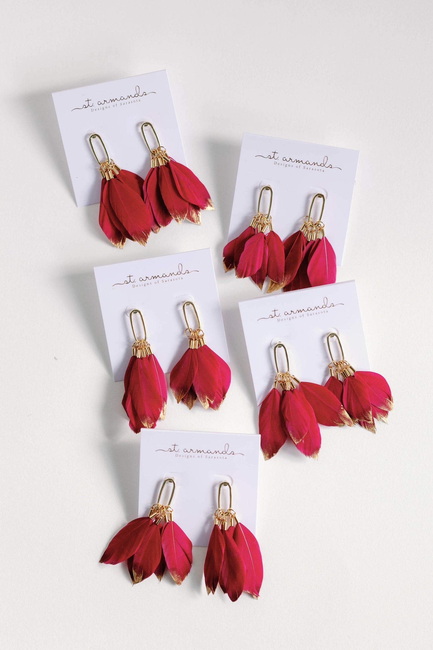 St Armands Designs of Sarasota - Garnet Gold Dipped Feather Statement Earrings