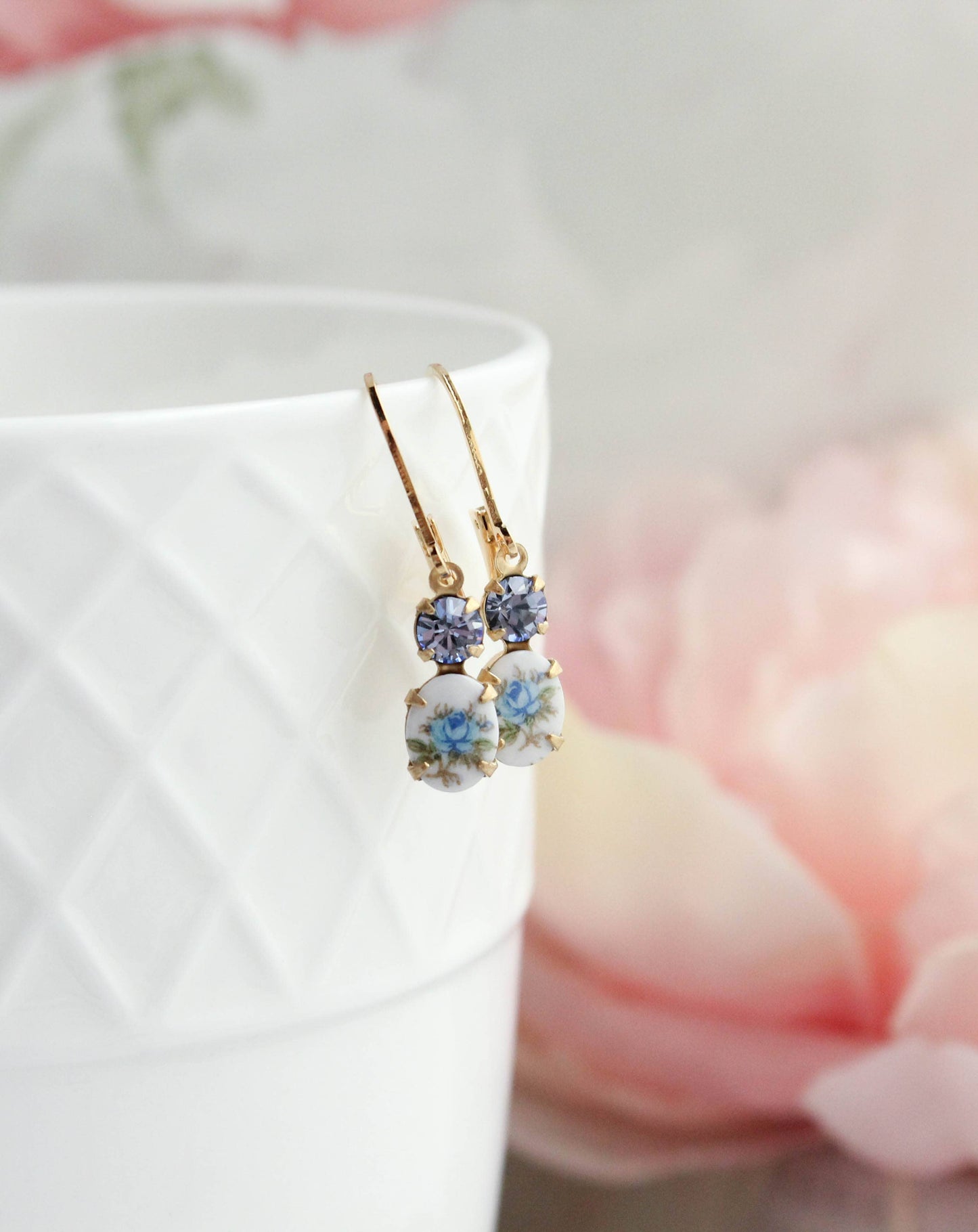 A Pocket of Posies - Little Blue Rose Cameo Earrings - Vintage Glass
