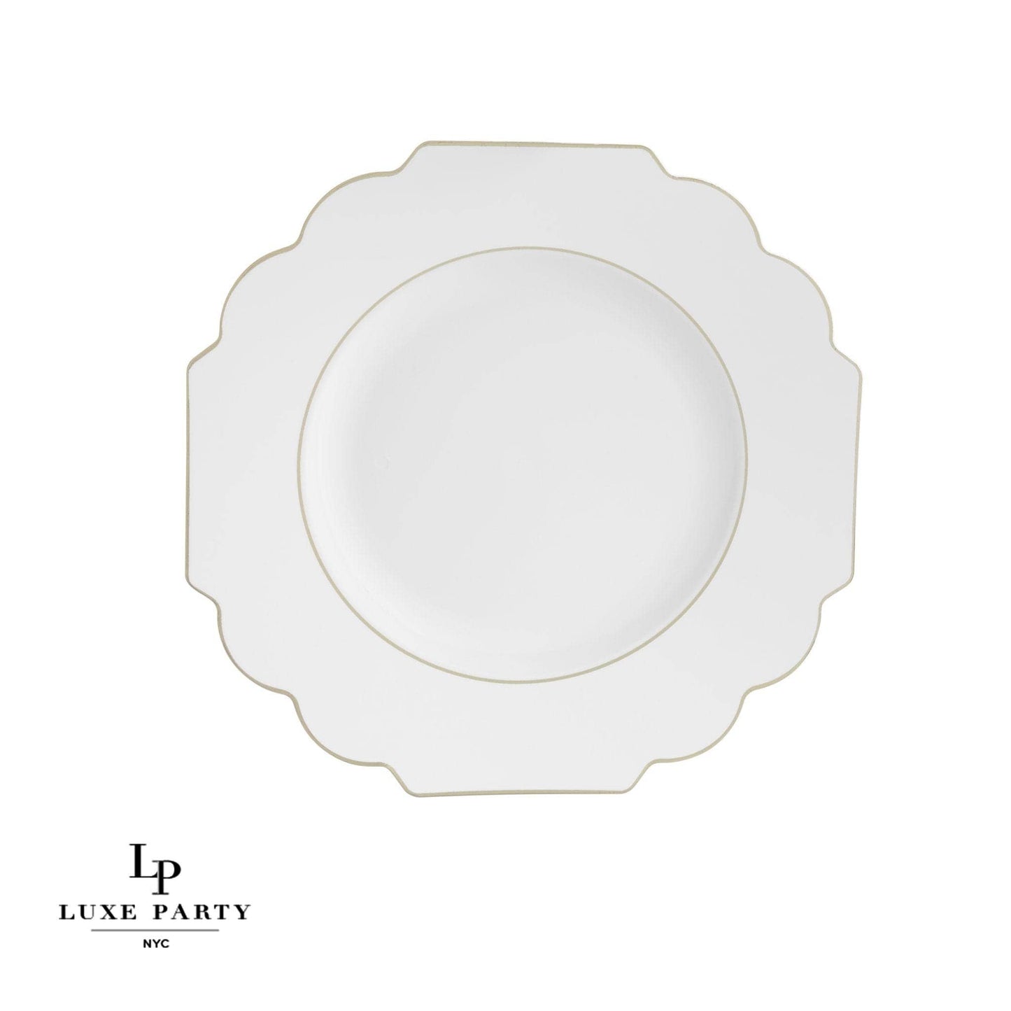 Luxe Party - Scalloped White • Gold Plastic Plates | 10 Pack: 10 Plastic Plates / 8" Appetizer Plates
