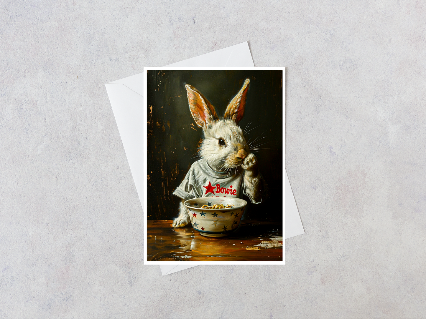 Salty Alyce - Bowie Shirt Rabbit Eating Ramen Noodles Blank Card 108AS