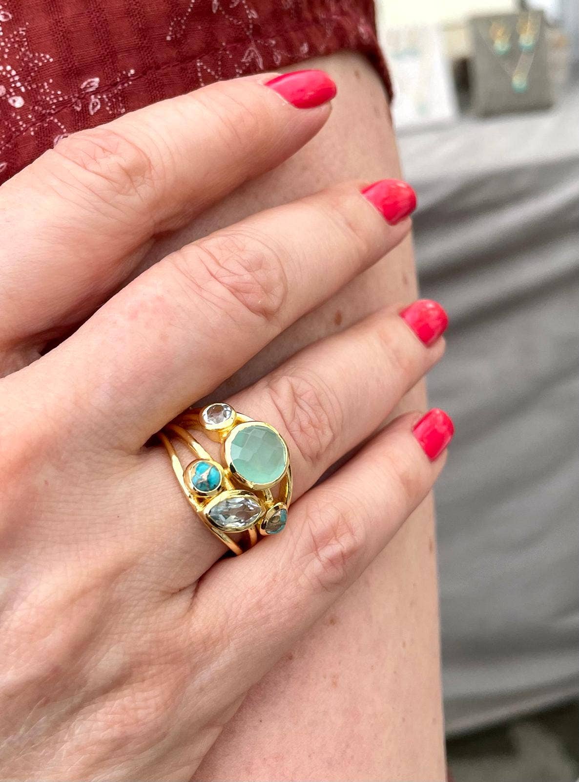 AJS Design Studio - Aqua and blue gold plated ring with assorted stones: Size 7