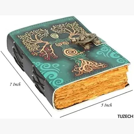 Tuzech Leather - Tree of Lady Leather Journal with Lock – Handmade Diary: 7 x 5 Inches / Green Lady